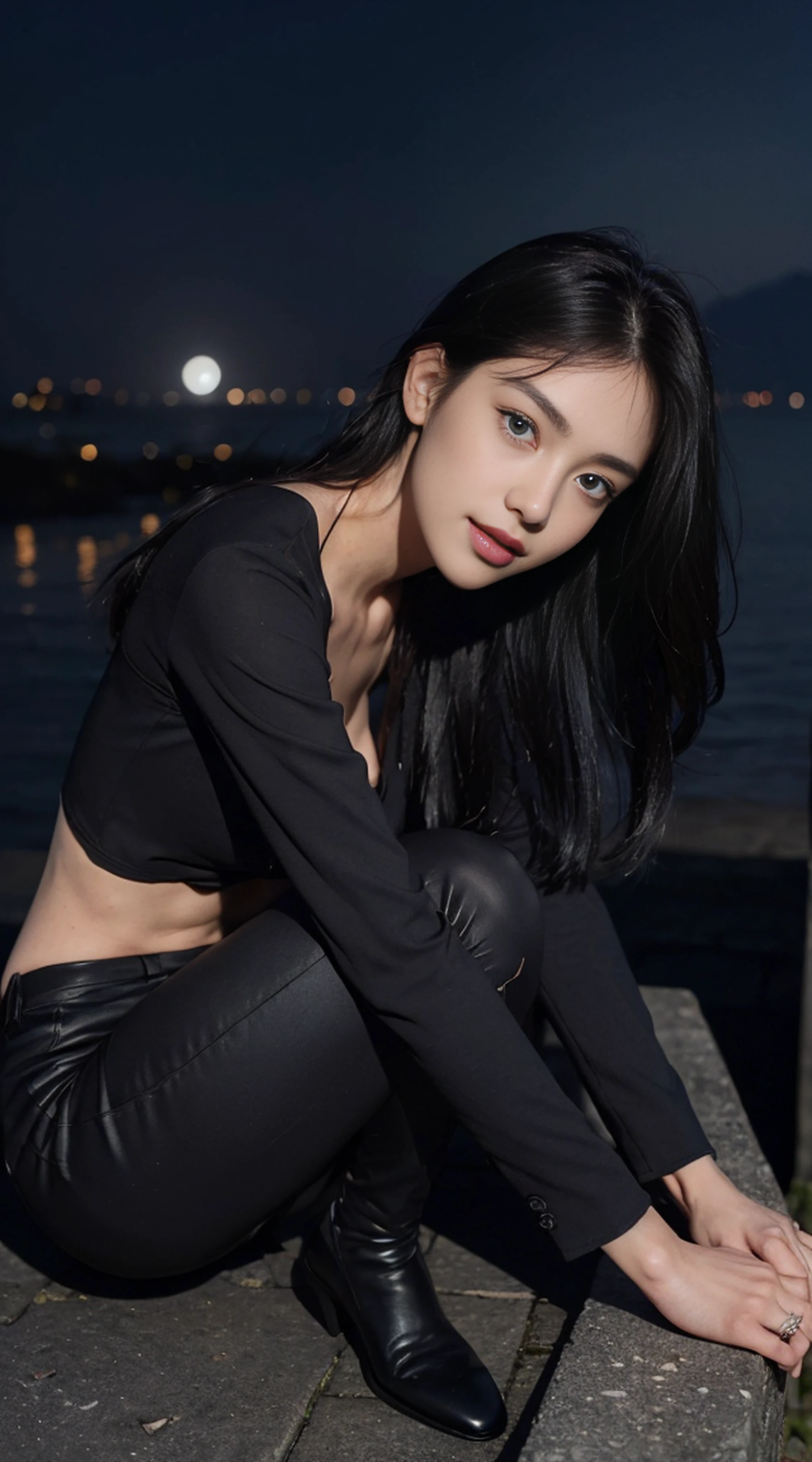 8K, Top Quality, Intricate Details, Ultra Detail, Ultra High Resolution, Masterpiece, random angle, Slender, Smile, (Makeup: 0.4), (Fluffy Blue Eyes: 1.21), blue Eyes,, ((full body)), 1girl, solo, 1 girl, (( full body)), close-up shot, , , ((tall)), (((fit body))), (((slim face))), sharp face, sharp eyes, (((black hair, long hair, )) ,(detailed face), sharp face, small lips, thin lips, Holding a gunblade,
(( torn suits, ripped suits )), detailed face, detailed breast, , large breast, detail, , Beautiful girl with accentuated slender abs: 1.4, Six Pack Abs: 1.4, Bust Botox, Big, Perfect Body, detail leg, (( moonlight)), top of mountain
