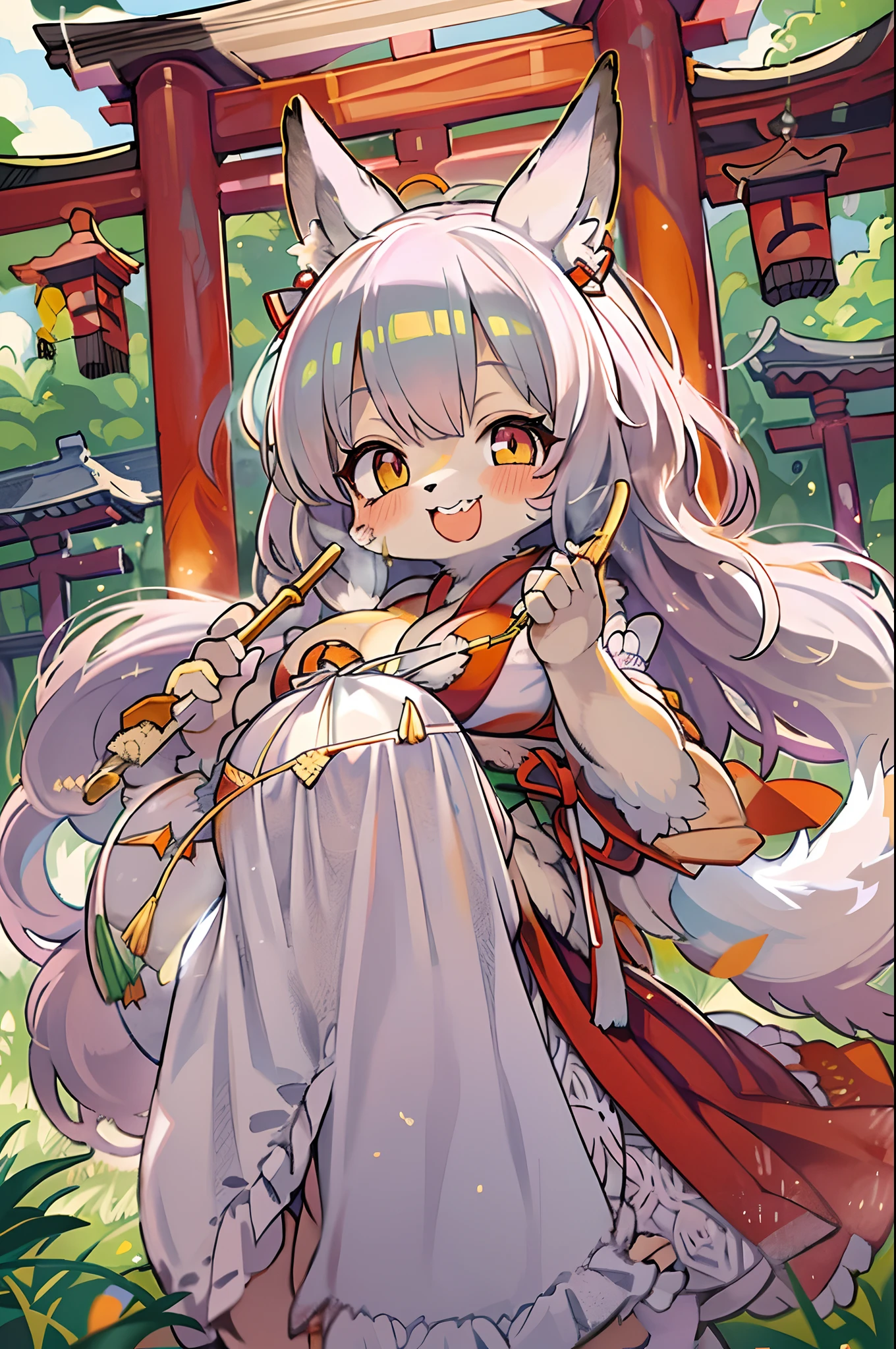 Fox Woman、body covered with fur、huge-breasted、kawaii、shrine maiden、Japan white clothes,Red Hakama、torii gate,summer day、From below、Wide Shot、A big smile、bbw、thick thight、big butts、Ultramammy,Chibi,Nanachi