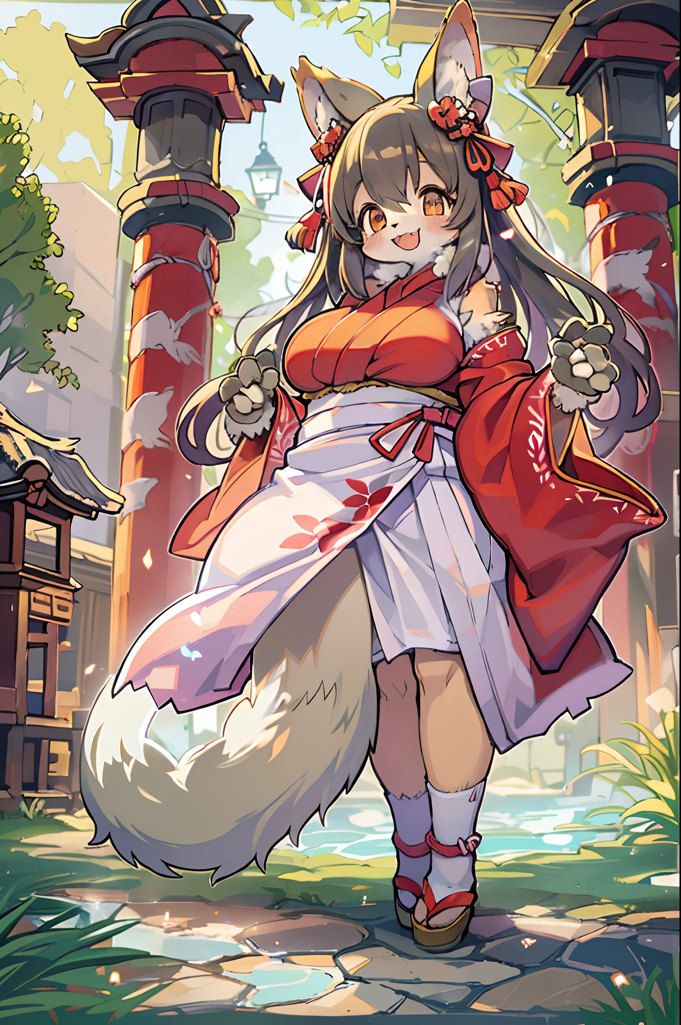 Fox Woman、body covered with fur、huge-breasted、kawaii、shrine maiden、Japan white clothes,Red Hakama、torii gate,summer day、From below、Wide Shot、A big smile、bbw、thick thight、big butts、Ultramammy,Chibi,Nanachi