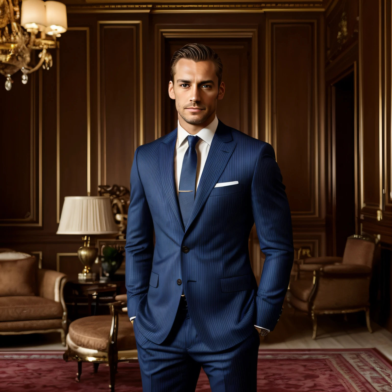 a Man standing with 30 years in suit and tie, body and head straight in the photo, DSRL, facing the viewer of the photo, eyes fixed to the lens, appears shoulders and head in the photo, man centered in the photo, 8k, best quality, masterpiece, realistic, realistic photo, movie photo, ultra realistic, 1 person, detailed, Perfect lighting, DSRL, professional photo, 4k, book cover, handsome, strong man, Michele Morrone lookalike face, A young man,Handsome,well-muscled,Hairy body,white sock,Ultra-thin tights(Detailed eyes:1.3),Naked topless,Nudity Everywhere,Blue eyes,massive bulge,Black hairs protruding from the bulge, full body Esbian,Character sitting on a chair with arms raised, black hair (short classy hair,), Nice Pose, Handsome man, Pretty Face, royal elegant pose, businessman, (In a striped blazer), (The surrounding environment is a luxurious and classic living room) (Sandtone imagery) ultra realistic, royalty prince looking, old money aesthetic, Italian looking, Joel Kinnaman lookalike, classy suit, Rolex, classic car in the background, royalty looking, wearing Ralph Lauren suit, Raoul Bova face lookalike, Italian luxury country mansion in the background