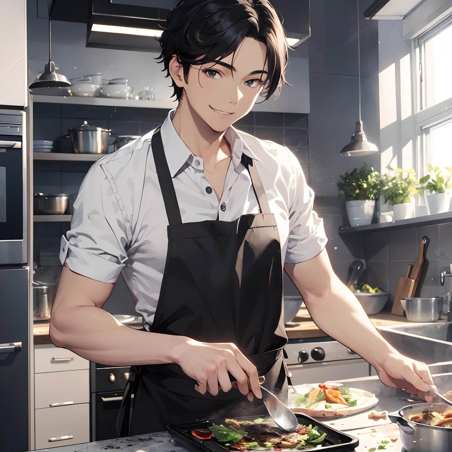 Absurd resolution, High resolution, (masutepiece: 1.4), ultra-detailliert, Messy short black hair of a young man, Cooking in the kitchen,White shirt and black tie,Wearing a black apron,Nasty smile