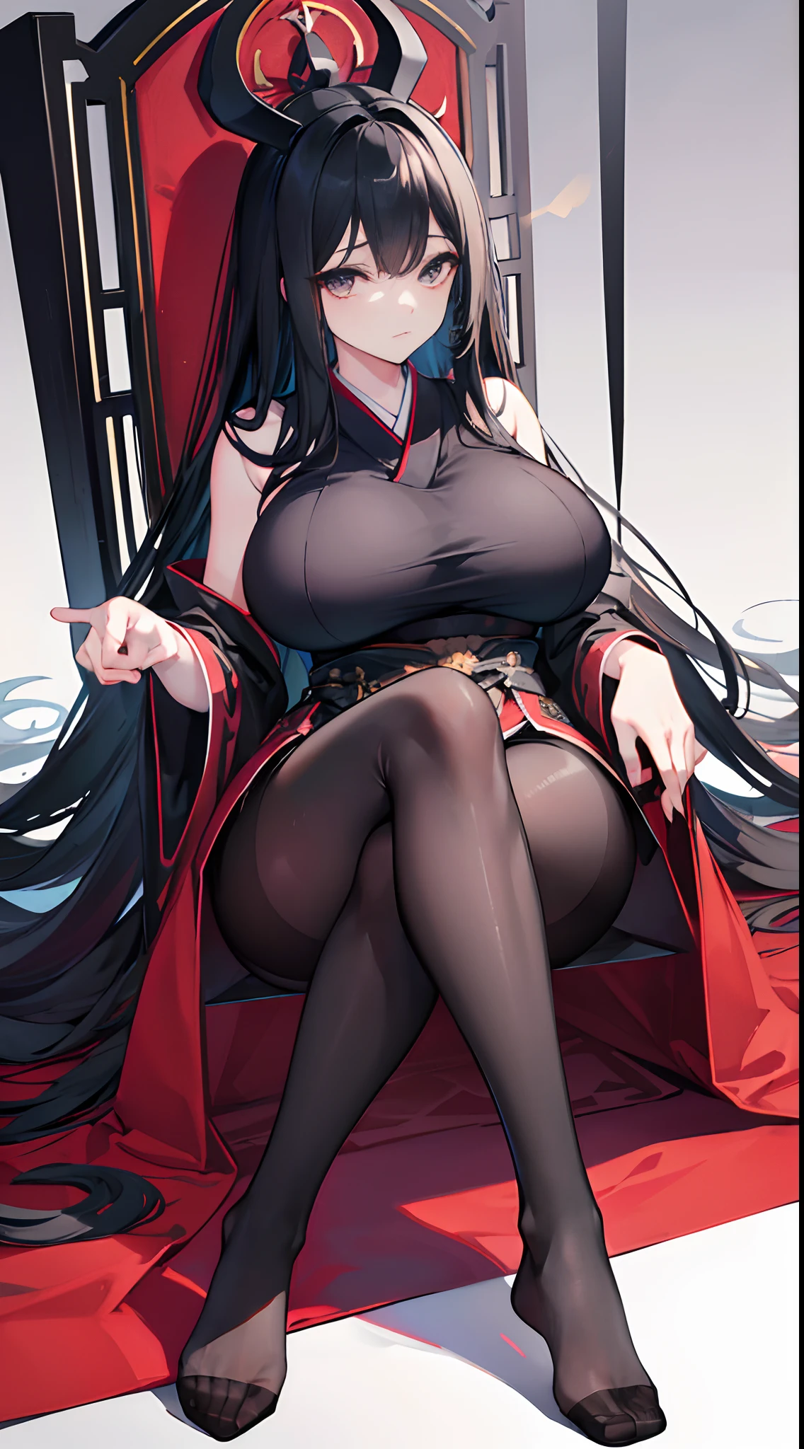 Solo,legs are open,(gigantic breasts:1.5),Grim expression,Long black hair,Black colored eyes,Black pantyhose,Oily pantyhose,No shoes,Black Hanfu,sitting on an royal throne,Below the eyelids,Bottom-up view,royal palace interior,Feet on the white carpet