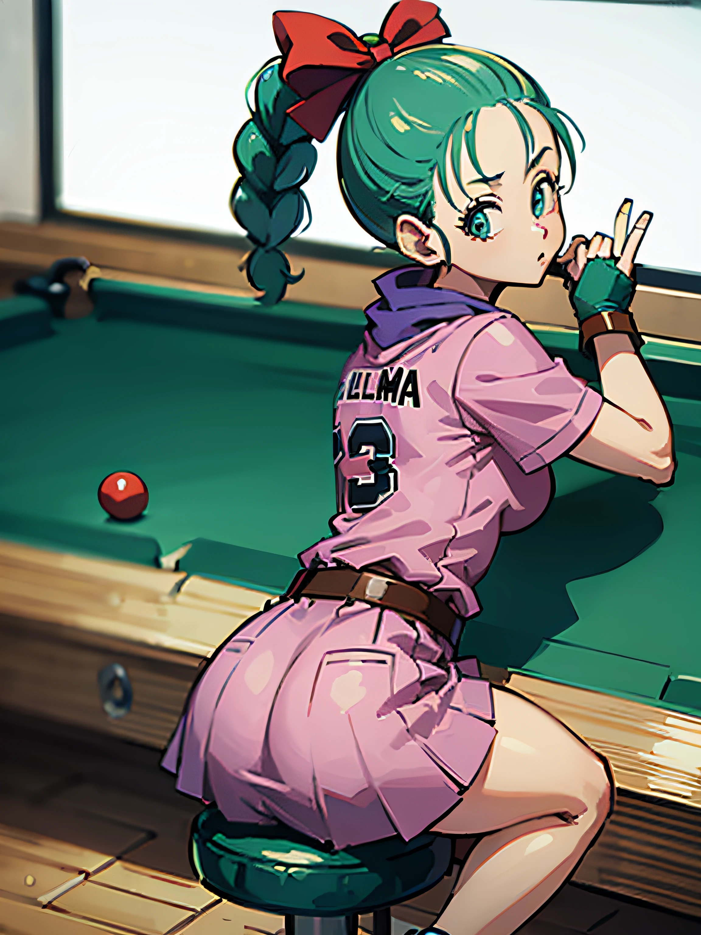 masterpiece, best quality, high resolution, dragon ball, blmpony, aqua hair, hair ribbon, braided ponytail, pink shirt, belt, scarf, pink skirt, clothes writing, brown gloves, medium breasts, in back pose, playing pool table, leaning on the pool table with her butt up high showing her ass,
crouched leaning on a pool table with her ass exposed
