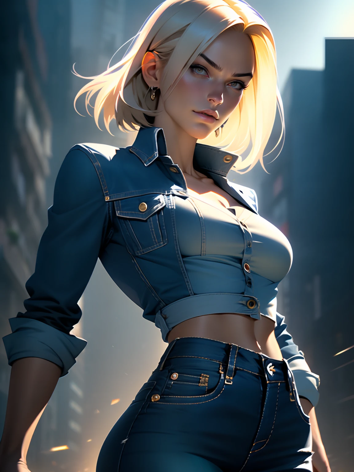 (1girl:1.4), (sfw), (clothed), (masterpiece), illustration,(realistic:1.5), (specular lighting:1.4), (hyperrealistic:1.2), (photorealistic face:1.2), (perfect face), (best quality), (8k), (4k), photorealistic, sharp focus, octane render, best quality, extremely detailed, intricate, hyper detailed, fantasy, soft lighting,(medium breasts:1.4), (skindentation:1.3), android 18 from Dragon Ball, looking down at viewer, after a fight, torn clothes, Android 18, tight blue jeans, perfect body, denim jacket, shirt with horizontal stripes, perfect hands, suspicious face, excited to fight, short blonde bob haircut, destroyed city in the background, one fist up