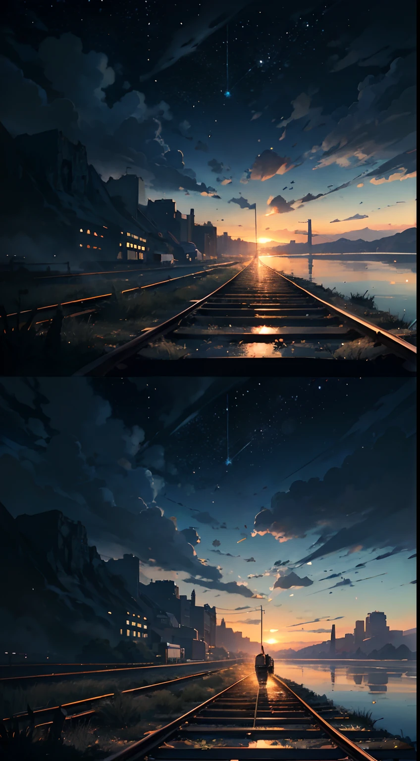 High quality masterpiece, landscape, anime train passing through bodies of water on tracks, bright starry sky. Romantic train, pixiv, concept art, lofi art style, reflection. by Makoto Shinkai, lofi art, Beautiful anime scene, Anime landscape, detailed scenery —width 672, in style of Makoto shinkai, style of Makoto shinkai, enhanced details.
