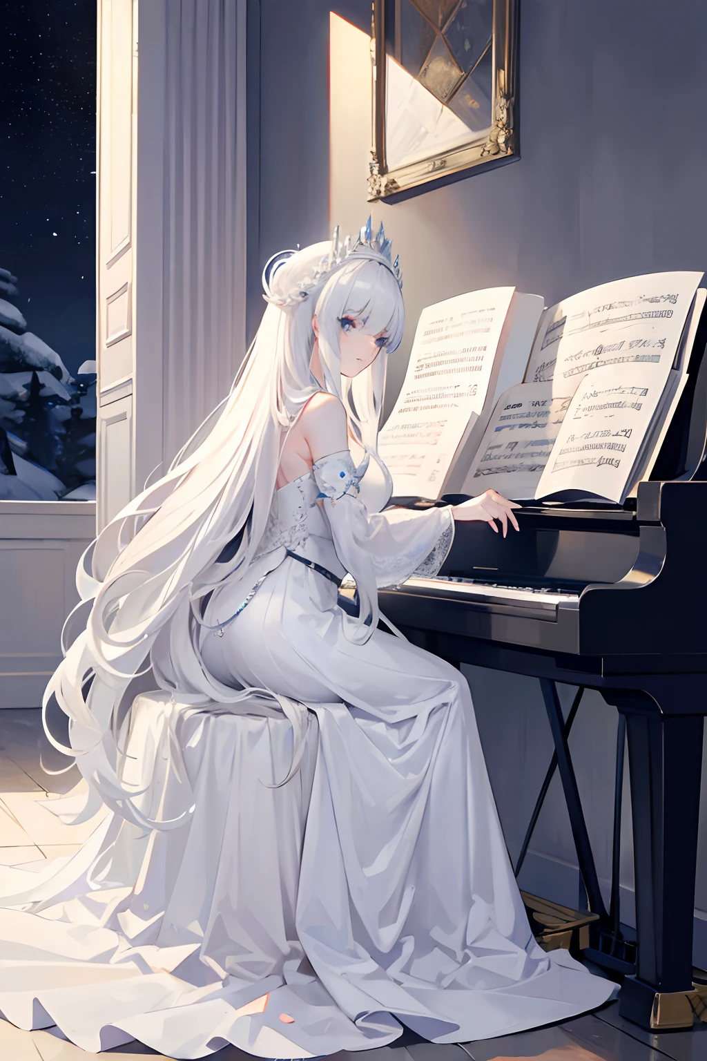 long  white hair，queen of ice，Play the piano，Royal sister，evening formal robes