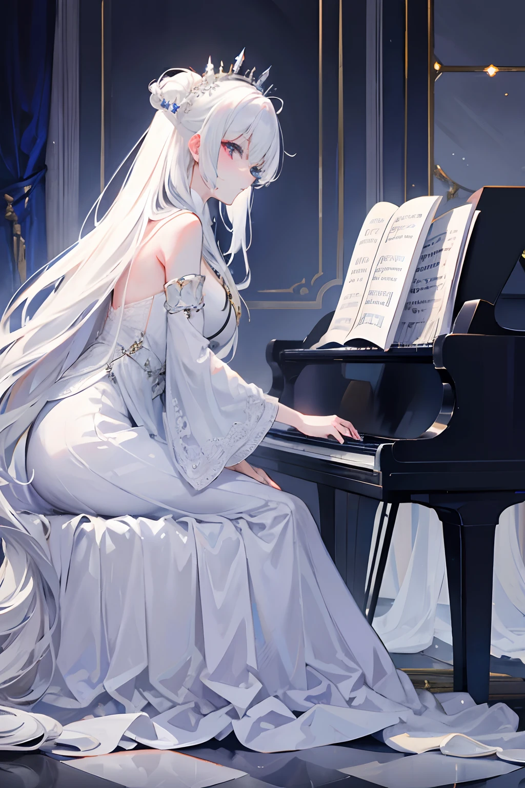 long  white hair，queen of ice，Play the piano，Royal sister，evening formal robes