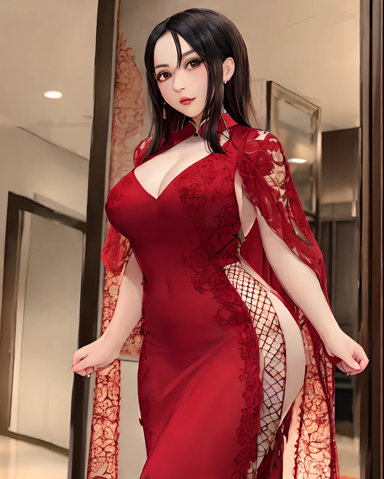1deidade feminina,sexy mulher madura usando roupa chinesa hunfa estilo wuxia,cabelos longos,cor vermelhos,olhos distintos,voluptuous master of the pill pavilion,seios grandes,roupas femininas negras acentuando seu corpo,mulher de olhar atento,maliciosa e desafiadora,Imposing standing in front of several admirers, mulher desejada, protagonista destemida