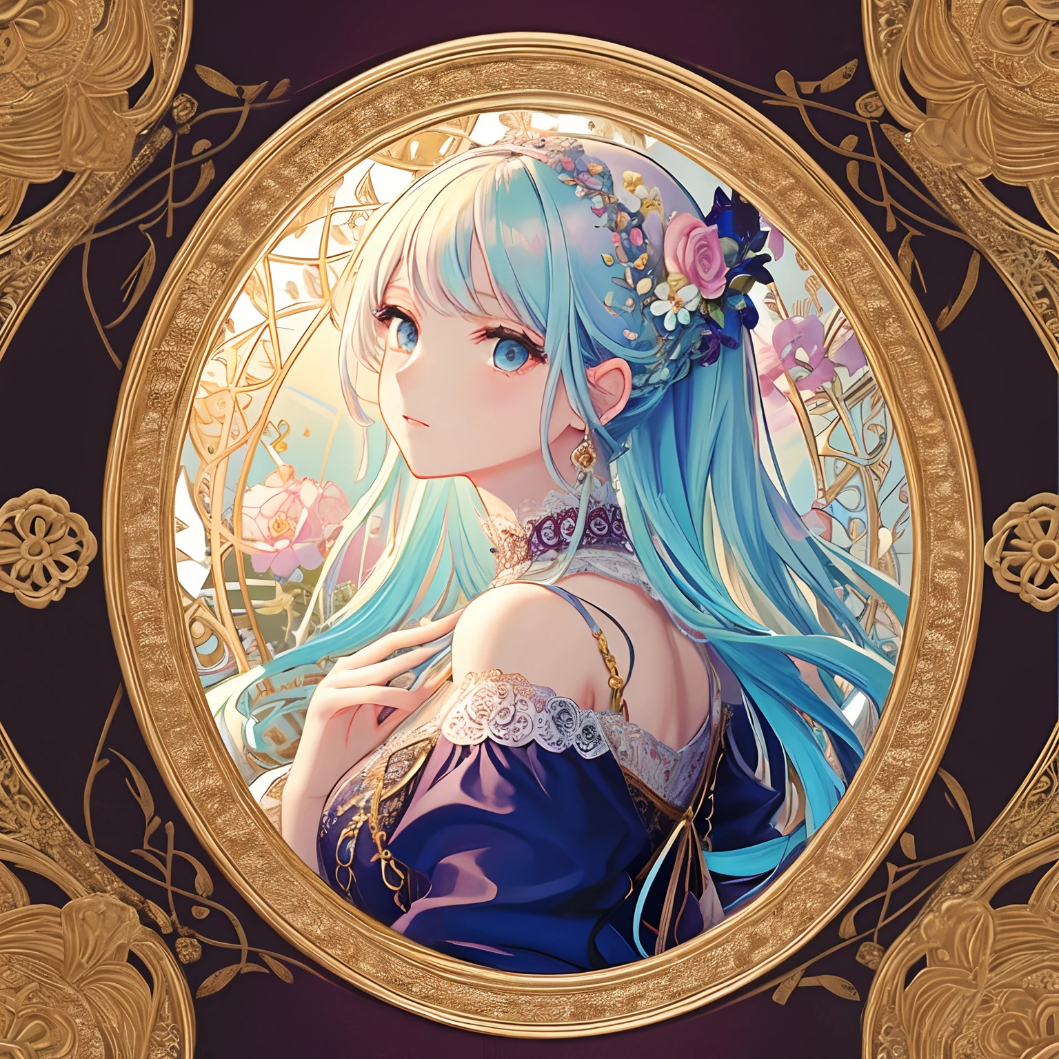 1 girl, masterpiece, top quality, beautiful and aesthetic: 1.2, fractal art: 1.3, jewels, detailed lace, detailed round frame, looking back, flowers, white, rainbow hair, beautiful girl fits in frame