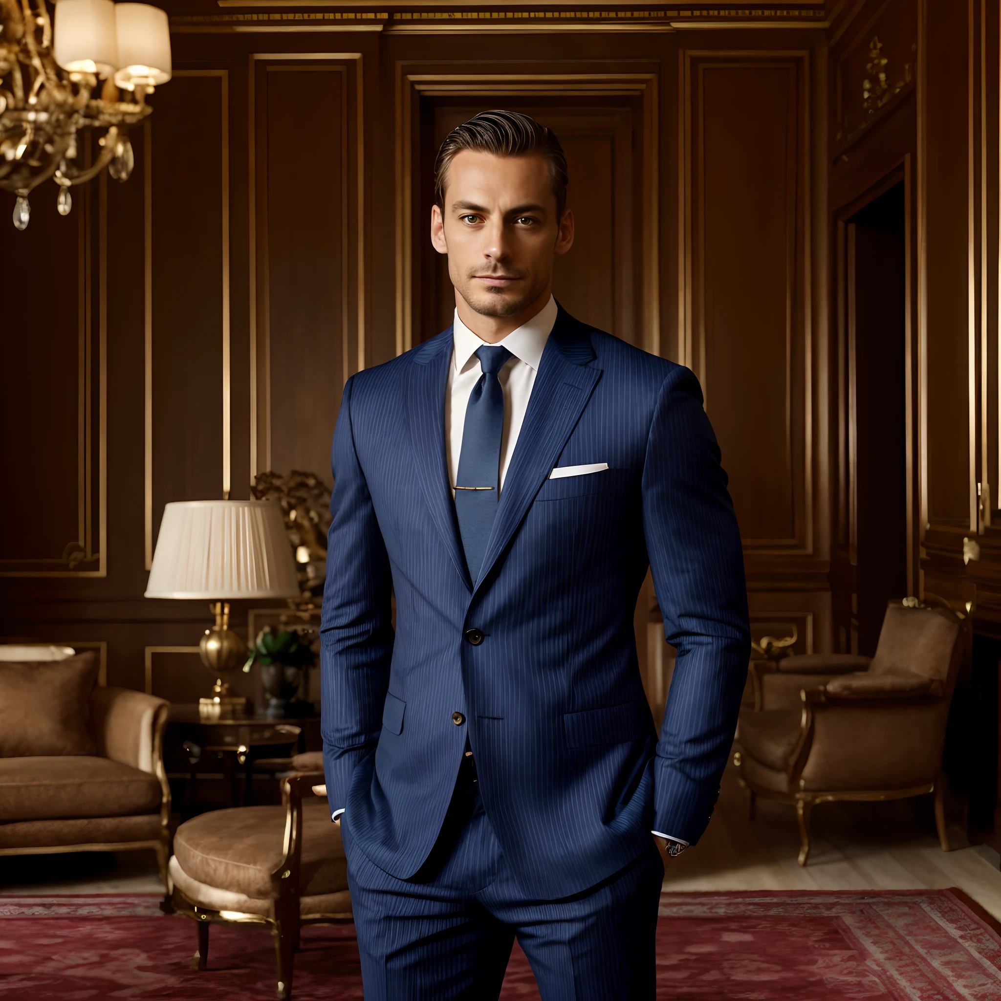 a Man standing with 30 years in suit and tie, body and head straight in the photo, DSRL, facing the viewer of the photo, eyes fixed to the lens, appears shoulders and head in the photo, man centered in the photo, 8k, best quality, masterpiece, realistic, realistic photo, movie photo, ultra realistic, 1 person, detailed, Perfect lighting, DSRL, professional photo, 4k, book cover, handsome, strong man, Michele Morrone lookalike face, A young man，Handsome，well-muscled，Hairy body，white sock，Ultra-thin tights（Detailed eyes：1.3），Naked topless，Nudity Everywhere，Blue eyes，massive bulge，Black hairs protruding from the bulge, full body Esbian，Character sitting on a chair with arms raised, black hair (short classy hair,), Nice Pose, Handsome man, Pretty Face, royal elegant pose, businessman, (In a striped blazer), (The surrounding environment is a luxurious and classic living room) (Sandtone imagery) ultra realistic, royalty prince looking, old money aesthetic, Italian looking, Joel Kinnaman lookalike, classy suit, Rolex, classic car in the background, royalty looking, wearing Ralph Lauren suit, Raoul Bova face lookalike, Italian luxury country mansion in the background