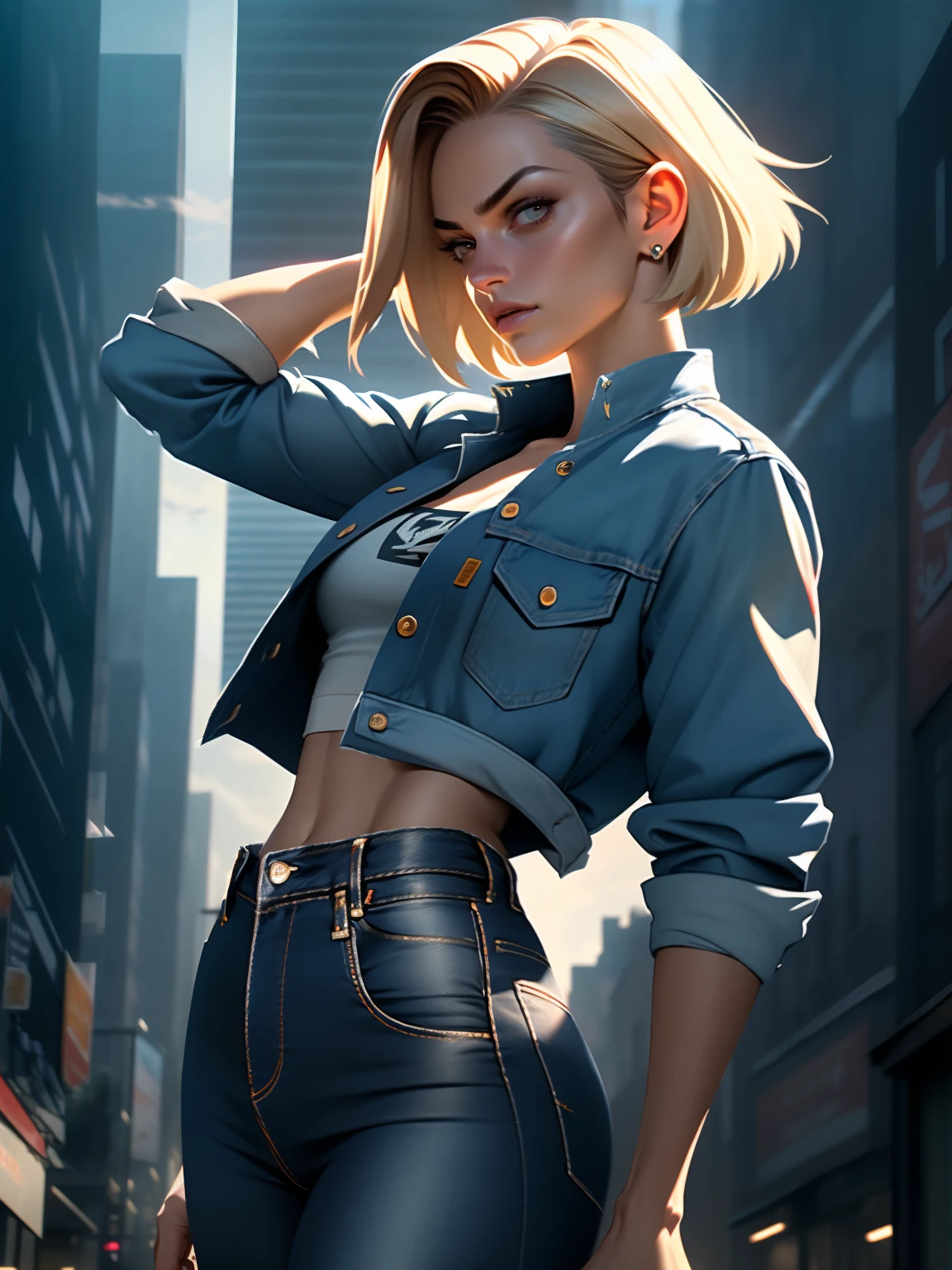 (1girl:1.4), (sfw), (clothed), (masterpiece), illustration,(realistic:1.5), (specular lighting:1.4), (hyperrealistic:1.2), (photorealistic face:1.2), (perfect face), (best quality), (8k), (4k), photorealistic, sharp focus, octane render, best quality, extremely detailed, intricate, hyper detailed, fantasy, soft lighting,(medium breasts:1.4), (skindentation:1.3), android 18 from Dragon Ball, looking down at viewer, after a fight, torn clothes, Android 18, tight blue jeans, perfect body, denim jacket, shirt with horizontal stripes, perfect hands, suspicious face, excited to fight, short blonde bob haircut, destroyed city in the background, one fist up