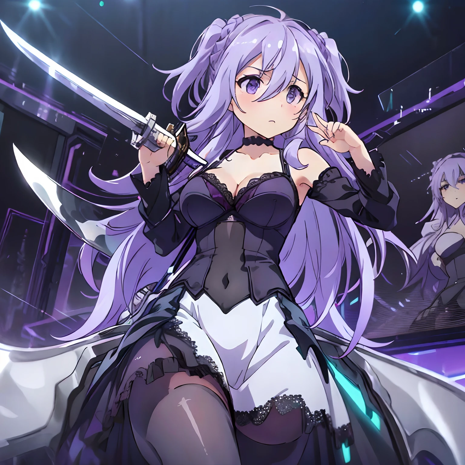 masterpiece, best quality,
1girl,solo, maria,purple hair ,long hair,hair between eyes,two side up, purple eyes, medium breasts,
, solo focus, parted lip, determined eyes, (drawing sword stance),
lace lace dress, black frill dress, long dress frill skirt, tight dress, lace thighhighs, lace garter, classic high heels, lace choker,