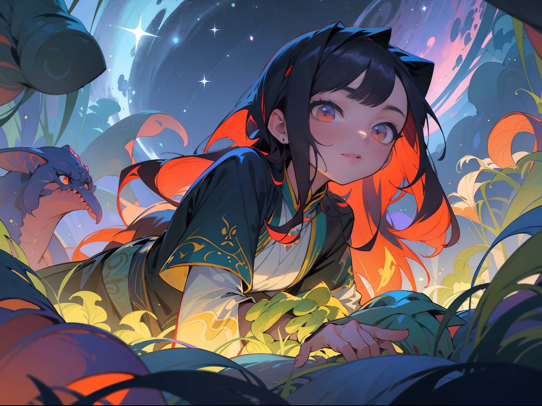 tmasterpiece,Best quality at best,highly details, Ultra-detailed 8K, 超高分辨率,kosmos,starlights,Huge algae,Cthulhu,tentaculata,starrysky,black hole,Bask in starlight,perfect compositions,red color eyes,Black and blue-violet,Faraway view