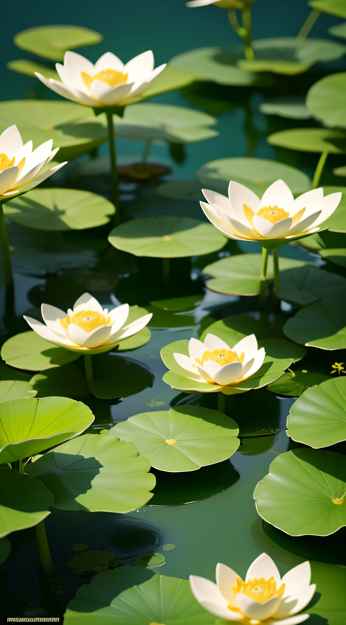 A cute summer pond in the wild,2 lotus,2.5D,isometric,minimalistic blind box,vivid color,white background,(best quality,4k,8k,highres,masterpiece:1.2),ultra-detailed,(realistic,photorealistic,photo-realistic:1.37),painting,beautiful detailed lotus flowers,2 lotus flowers blooming in the pond,transparent water surface,glossy green leaves,soft sunlight reflection,subtle shadows,smooth and clean lines,minimalistic art style,lotus petals with delicate textures,eye-catching vibrant colors,contrast between the lotus flowers and the white background,elegant composition,isometric perspective,giving a sense of depth,2.5D effect,crisp and vivid colors,high-quality printing,varied and exciting blind box designs,vivid color palette,inviting and joyful atmosphere,lively and enchanting summer scene,serene and peaceful pond setting,artistic interpretation of nature,meticulous attention to detail,accurate and realistic rendering of the lotus flowers and leaves,soft and gentle lighting,subtle and harmonious color scheme.