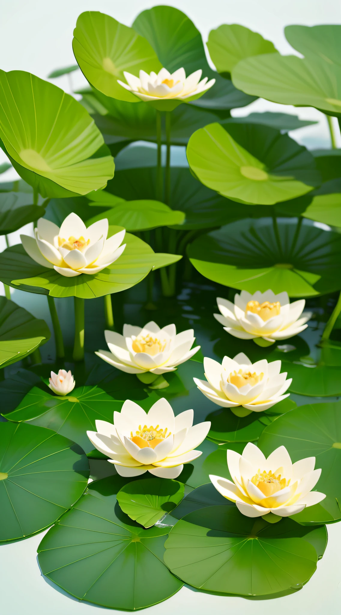 A cute summer pond in the wild,2 lotus,2.5D,isometric,minimalistic blind box,vivid color,white background,(best quality,4k,8k,highres,masterpiece:1.2),ultra-detailed,(realistic,photorealistic,photo-realistic:1.37),painting,beautiful detailed lotus flowers,2 lotus flowers blooming in the pond,transparent water surface,glossy green leaves,soft sunlight reflection,subtle shadows,smooth and clean lines,minimalistic art style,lotus petals with delicate textures,eye-catching vibrant colors,contrast between the lotus flowers and the white background,elegant composition,isometric perspective,giving a sense of depth,2.5D effect,crisp and vivid colors,high-quality printing,varied and exciting blind box designs,vivid color palette,inviting and joyful atmosphere,lively and enchanting summer scene,serene and peaceful pond setting,artistic interpretation of nature,meticulous attention to detail,accurate and realistic rendering of the lotus flowers and leaves,soft and gentle lighting,subtle and harmonious color scheme.