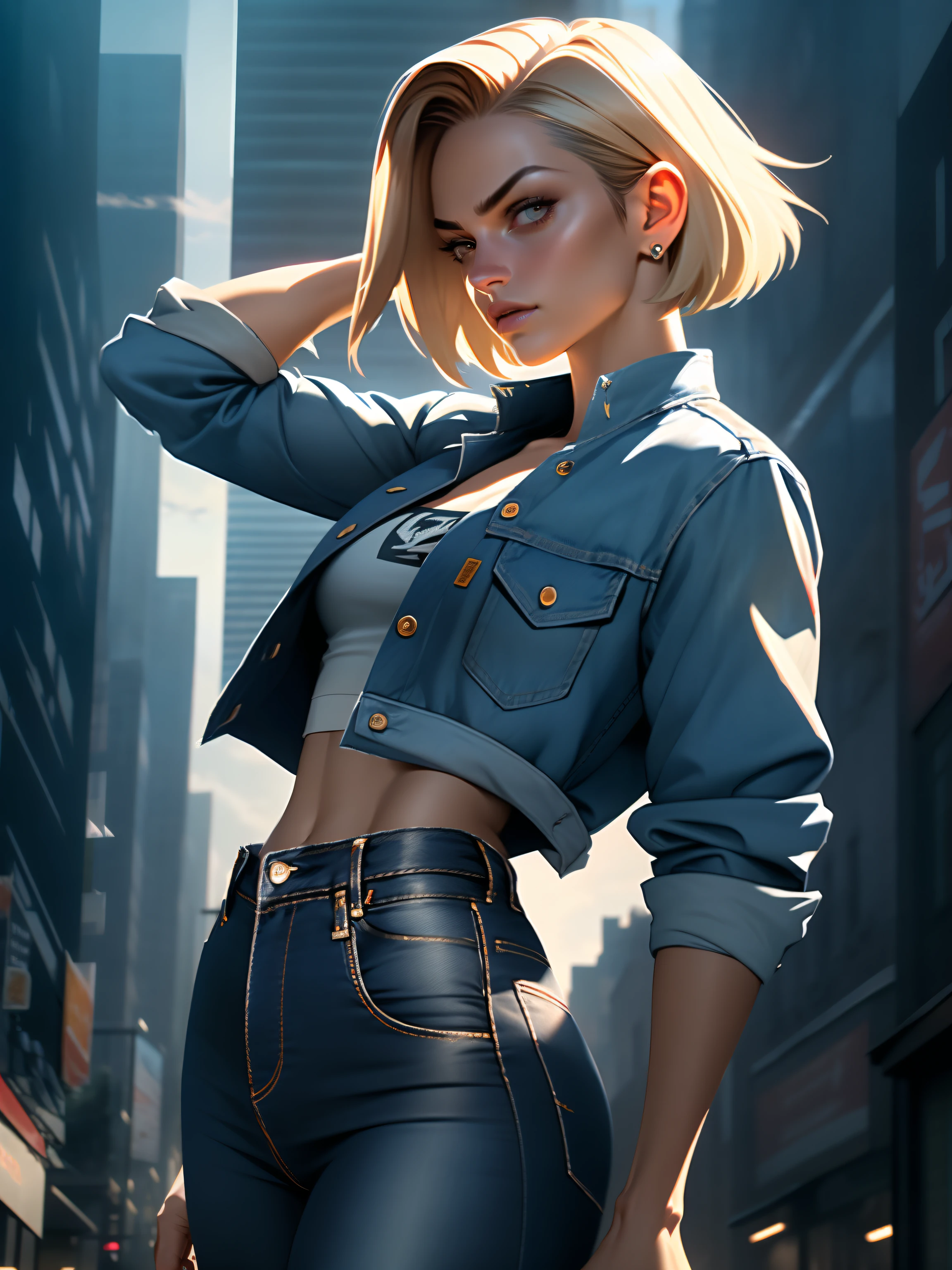 (1girl:1.4), (sfw), (clothed), (masterpiece), illustration,(realistic:1.5), (specular lighting:1.4), (hyperrealistic:1.2), (photorealistic face:1.2), (perfect face), (best quality), (8k), (4k), photorealistic, sharp focus, octane render, best quality, extremely detailed, intricate, hyper detailed, fantasy, soft lighting,(medium breasts:1.4), (skindentation:1.3), android 18 from Dragon Ball, looking down at viewer, after a fight, torn clothes, Android 18, tight blue jeans, perfect body, denim jacket, shirt with horizontal stripes, perfect hands, suspicious face, excited to fight, short blonde bob haircut, destroyed city in the background, one fist up