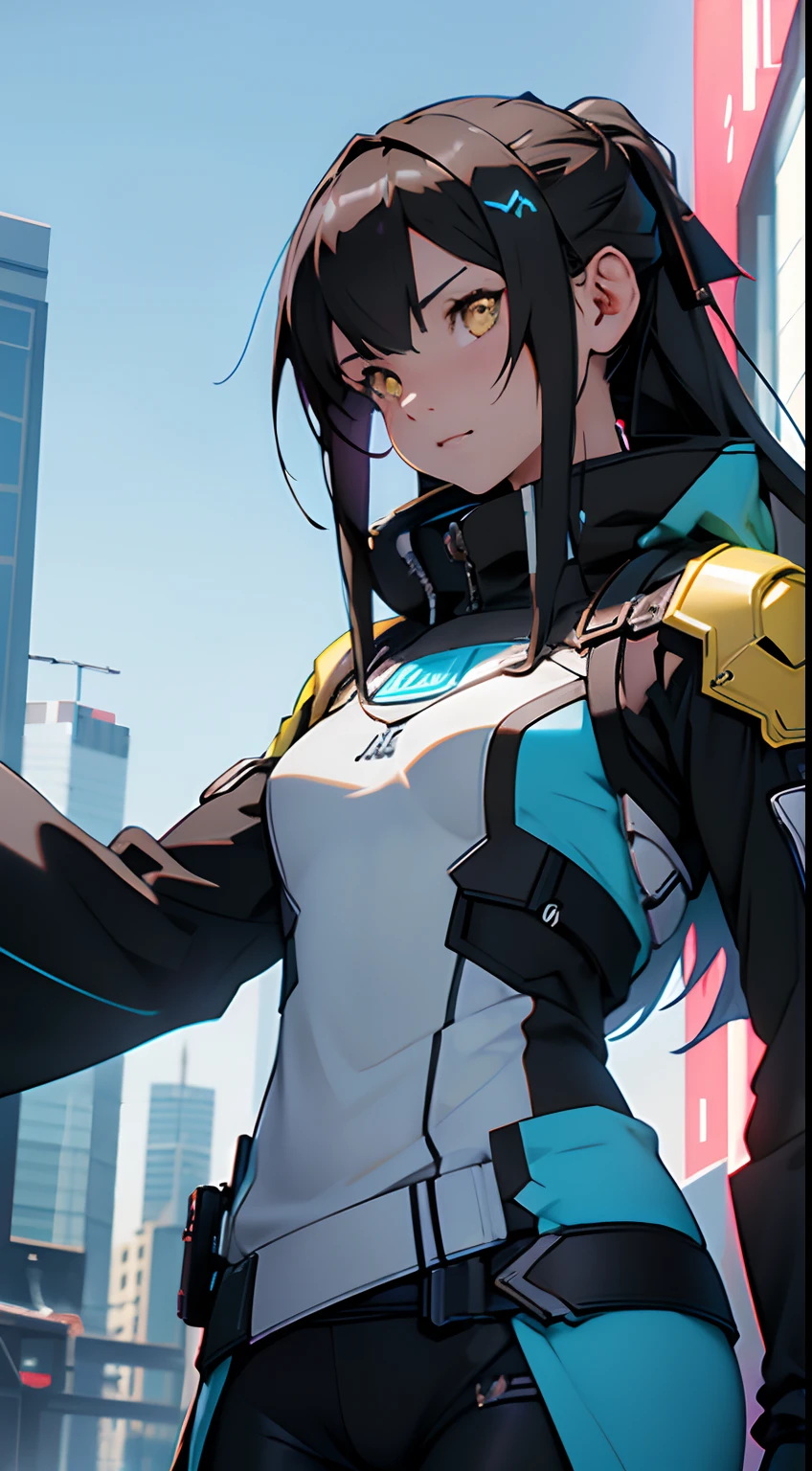 ((Best Quality)), ((Masterpiece)), (Detail: 1.4), 3D, Beautiful Cyberpunk Image, HDR (High Dynamic Range), Ray Tracing, NVIDIA RTX, Super Resolution, Unreal 5, Subsurface Scattering, PBR Texture, Post-Processing, Anisotropic Filtering, Depth of Field, Maximum Sharpness and Sharpness, Multi-layer Texture, Albedo and Highlight Mapping, Surface Coloring, Mitsu-Accurate Simulation of Material Interactions, Perfect Proportions, Octane Rendering, ((wearing a mix of Sword art online and futuristic clothing)) , Two-color Light, Large Aperture, Low ISO, white balance, regular three-point, 8K RAW, beautiful bright pupils, fine pupils, artistic sense, casual wear, high-end sense,(( wearing light blue , white , black)) , Beautiful woman , very long hair , dark brown hair , ((gold eyes:1)) , lean body , yellow under hair , age 26