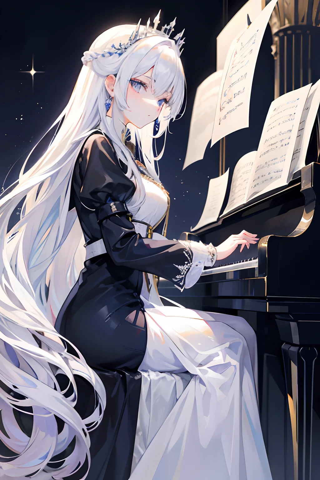 long white hair,queen of ice,Play the piano,Royal Sister,evening formal robes