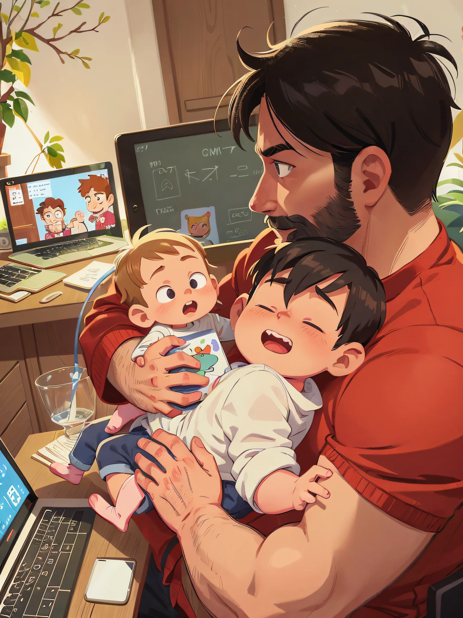 ((comic illustration))、There is a man holding a  in his lap while using a laptop, With a chilring fatherly wide forehead, Put the laptop on your lap, father with child, Word, taken on iphone 14 pro,