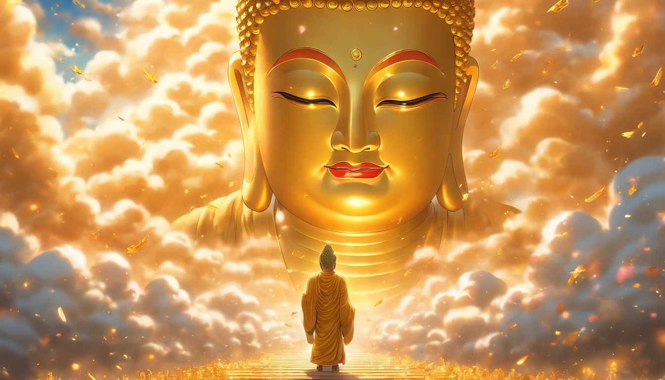 A huge golden Buddha statue rushed into the clouds,Pilgrims on the road,Light smile,China-style,In the distance, surrealism, stereograms, tachi-e, Atmospheric perspective, hyper photorealism, Cinematic lighting, god light, Super detail, ccurate, Best quality, Masterpiece, 16k, High details, A high resolution, Award-Awarded, Super detail, Anatomically correct