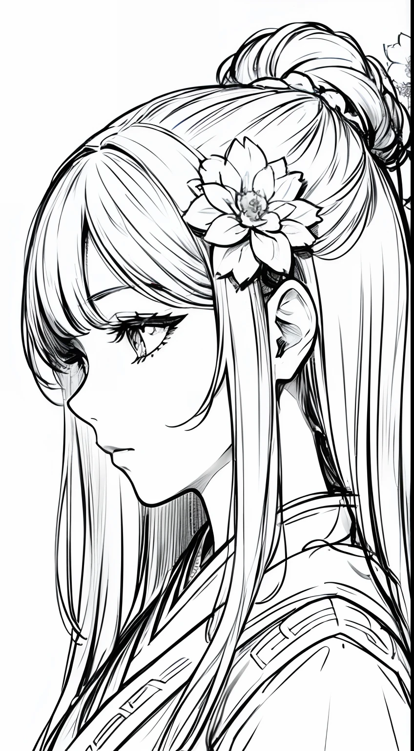 masterpiece, acura, doll, solo, hanfu, long hair, profile close-up, flower line drawing background, white background, monochrome, line drawing, ((sketch))