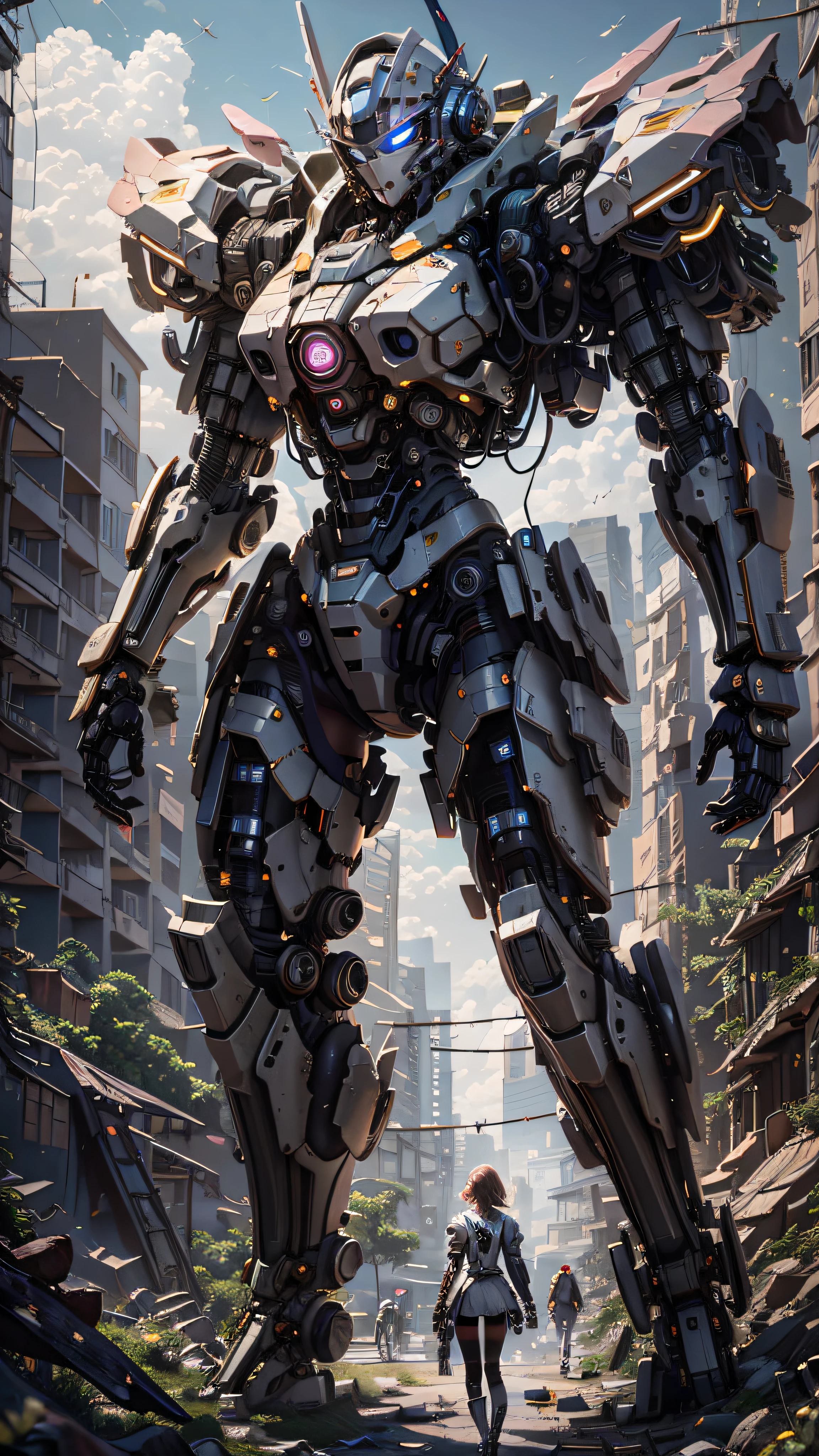 (masterpiece, best quality, ultra-detailed), Shinobi Kage-X1 mecha, 8 meters tall, 15 tons, hybrid-electric propulsion system with silent modules, lightweight composite materials with stealth coating, sleek and agile design, equipped with plasma blades, precision energy blasters, smoke grenade launchers, advanced stealth capabilities, highly agile joints, enhanced sensors for night vision and thermal imaging, standing in a dimly lit urban alleyway, cloaked in shadows, emitting a faint blue glow from its sensors, cyberpunk aesthetic, intricate mechanical details, dynamic pose, cinematic lighting, high-tech environment
