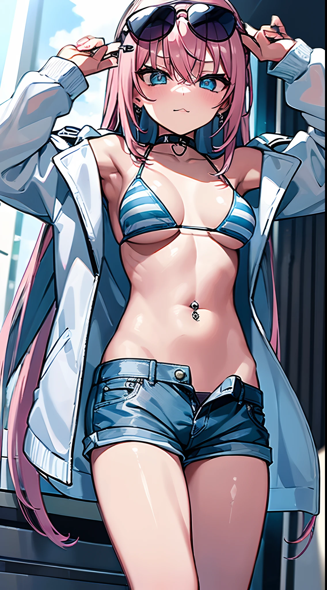 1 girl in，A pink-haired，Light blue stripes，Light blue eyes，Sunglasses on the head，Seductive look，piercings，Double knot，Light blue，Black Bikini，shortpants，Short pants，Pantyhose Strap，lowrise，Front hook，White jacket，high-heels，Beach，Wet