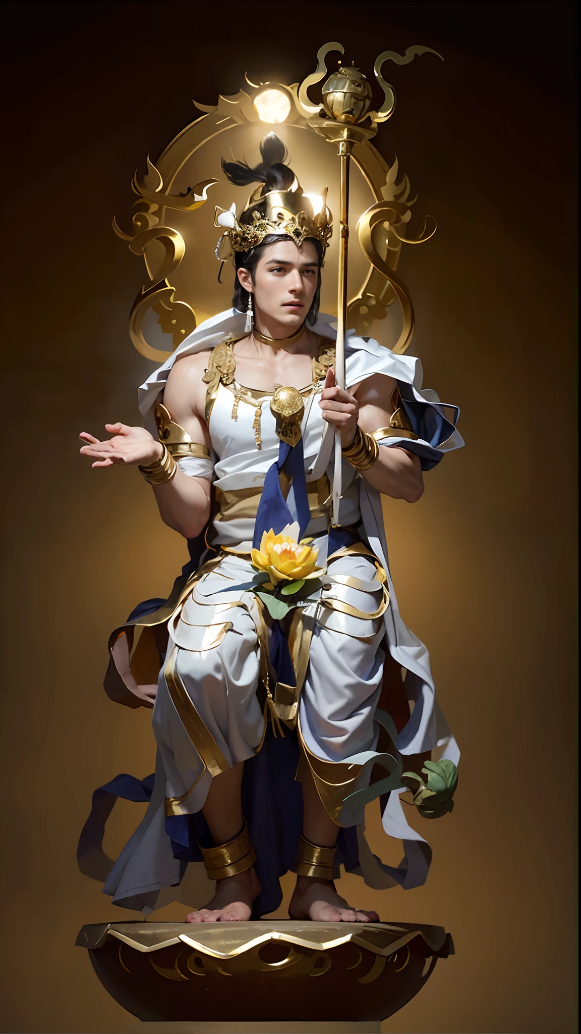 Handsome man, mythical character,(((com um rosto quadrado))),nobles,The king,One meter nine,small heads,long leges,Tall guy,com um rosto quadrado,Strong facial muscles,(((Orlando Bloom))),Basketball player body proportions,Roman model,European people,looking toward the viewer,Blue pupil,The body is well-proportioned,Long legs,Straight back,Fitness trainer,Movie stars are glamorous,(((Heads-up))),Handsome,Westerners,muscular face,Muscular body,Perfect proportions,The muscles have expressions in both eyes,King Yan Luo stared ahead,(((Golden lotus throne))),The man wears a white shirt,(((Ancient Indian costumes:1.1))),silkouette,White yarn,There are muscles,(((Ancient Roman white clothes))),Shirtless,,(((Head background with round light))),(((Behind it is the sun))),(((The man emits a bright and dazzling light))),King Yan took away the metal weapon,Take the Skeleton Staff as an example,Barefoot on both feet,Step on the nasturtium,photorealestic,professional photoshooting,Realiy,超高分辨率,tmasterpiece,