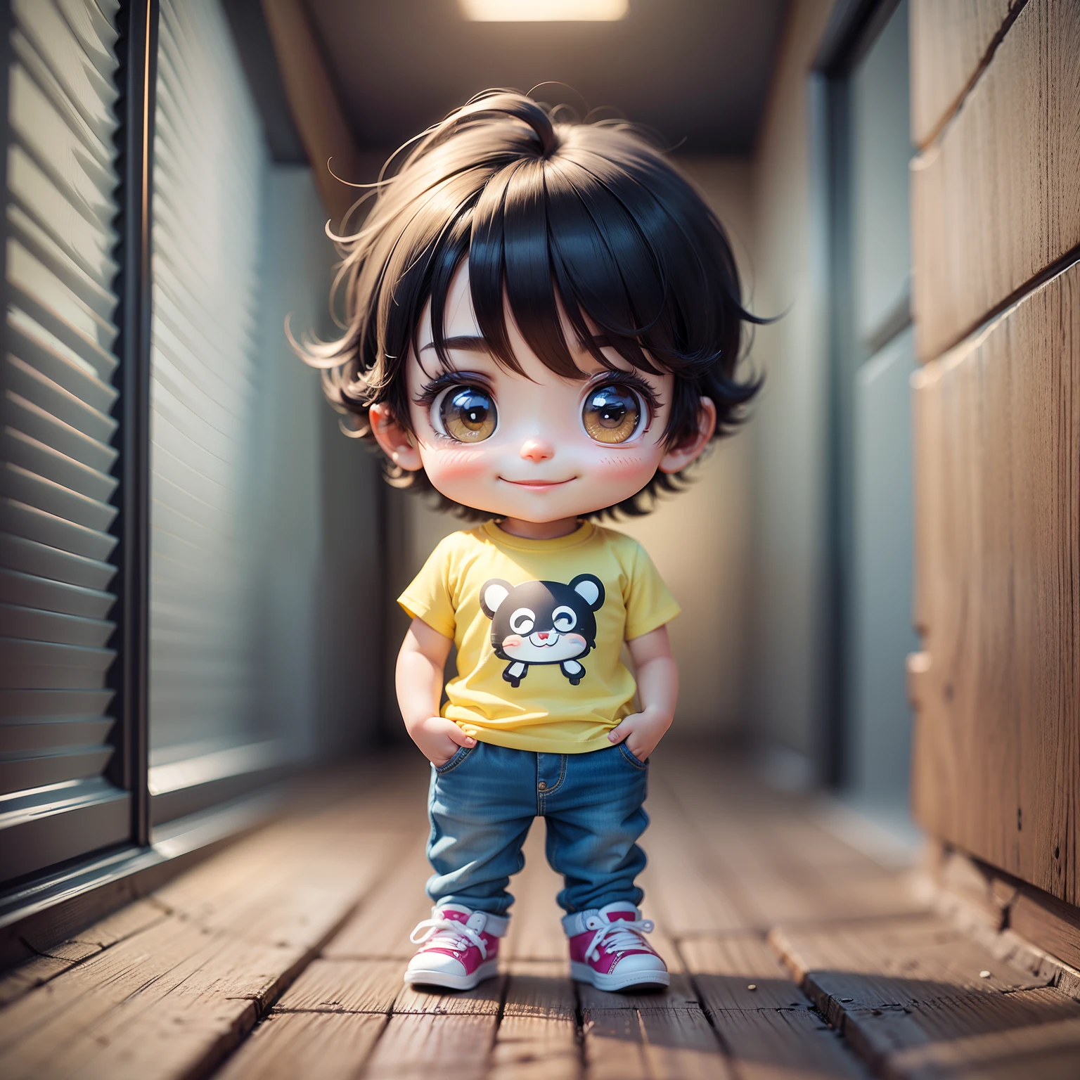 Cute boy 3d cartoon, cute chibi boy, background is pure white, 10K, intricate details, full body, yellow t-shirt, jeans long pants, smiling expression --auto --s2