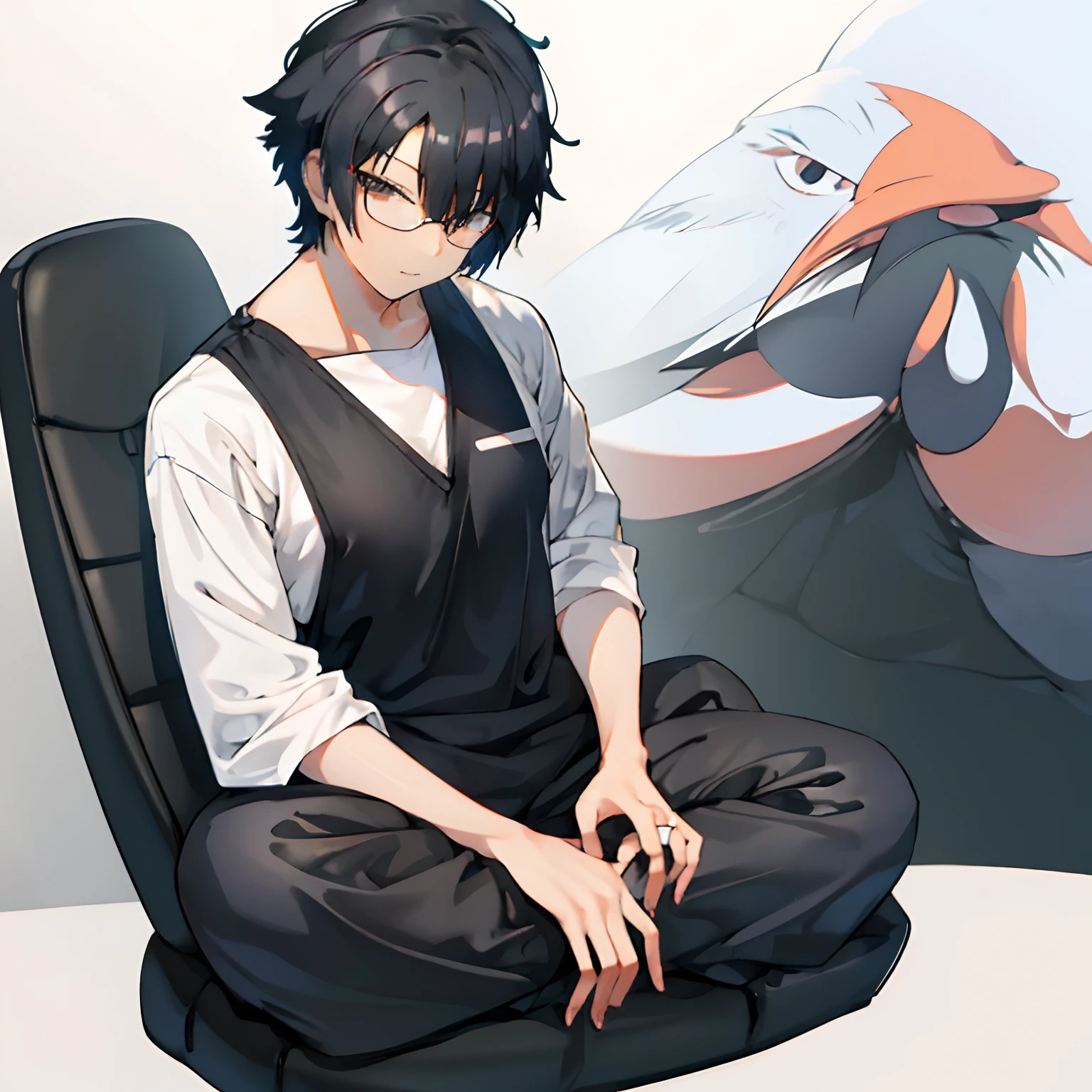 Anime man, Black and white clothing, orange glasses, cool sitting pose, stork on the back, short hair, smiling, looking at viewer, black suit, masterpiece