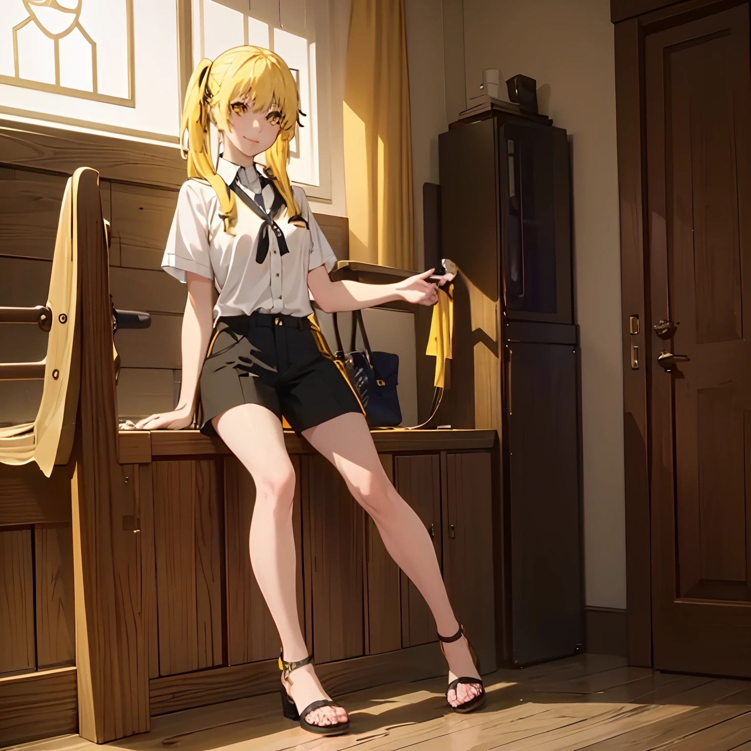 1girl, yellow hair, yellow eyes, wearing plain black short sleeve shirt, wearing sandals, smiling, shorts, high res, ultrasharp, 8K, masterpiece, looking at viewer