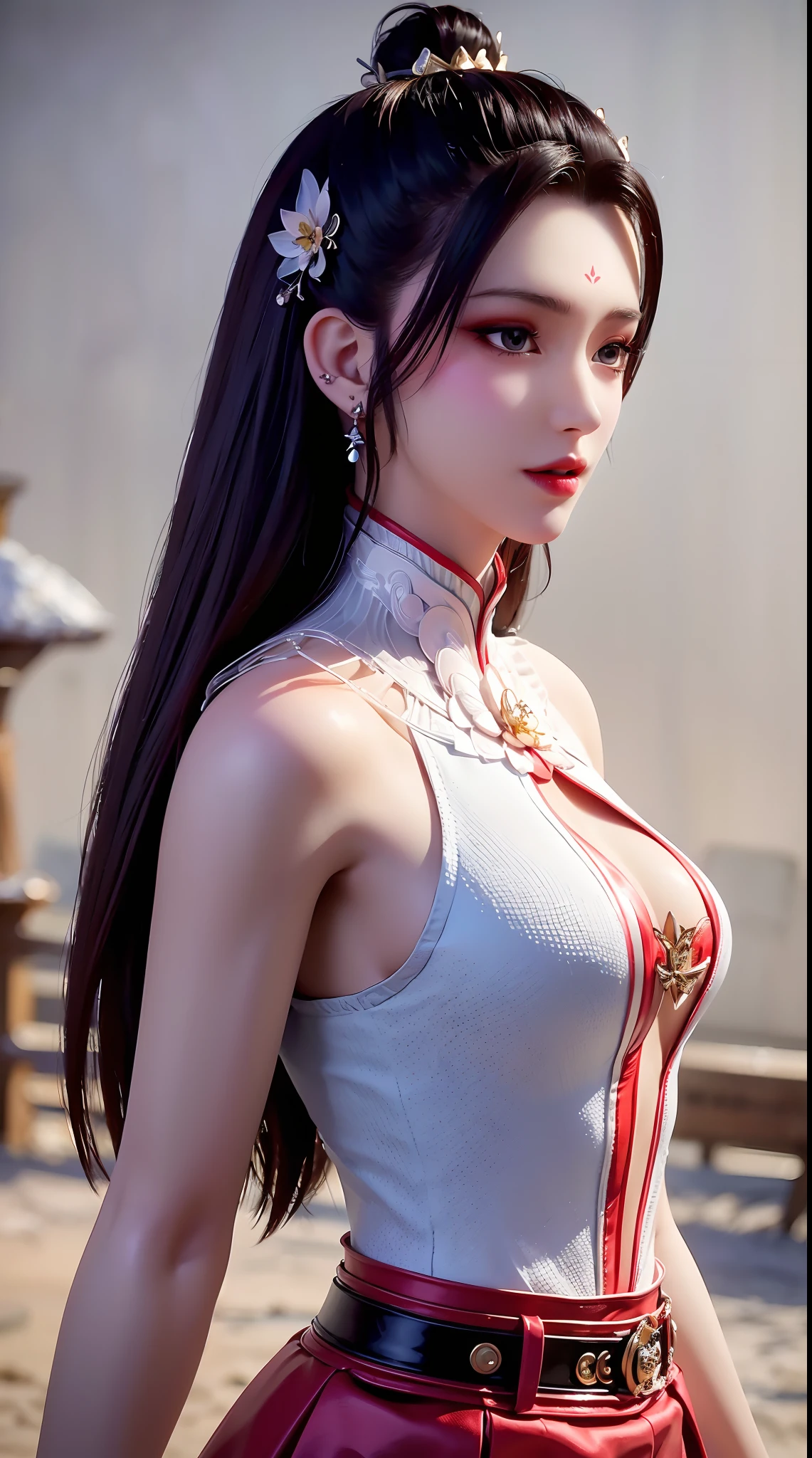 "1 beautiful girl wearing traditional costume, long thin red and white silk dress meticulously sewn, low-cut shirt, low slit, long black hair and bangs, most detailed and beautiful hair jewelry, mold most beautiful and flawless face, ((black eye pupils:0.8)), very beautiful eyes, big round eyes, ((red brown eyes:1.6)), beautiful and detailed makeup eyelashes, nose tall, earrings, small red lips, rosy face, clean face, flawless beautiful face, smooth white skin, ((large breasts: 0.9)), Blums breasts, ((chest big and super round: 0.9)), ((super tight breasts: 1.2)), ((breast augmentation: 0.8)), beautiful breasts, slim and petite body, ((thin waist: 0, 9)), upper body of a beautiful girl, sexy girl, fishnet stockings color coordinated according to outfit, 8k photo, super high quality, surreal, 10x super pixels, realistic photo, dark studio, background bright, two-tone light, (high detail skin: 1.2), 8k uhd, soft light, high quality, volumetric light, realistic, High resolution photo, light, best photo, quality 4k, 8k, smooth and sharp, increased pixels by 10 times, super graphics, most realistic graphics, (((Snowfall background: 1.6))), 1 girl, alone, solo, ((portrait direct:1.2)), Extremely sharp, super realistic images."