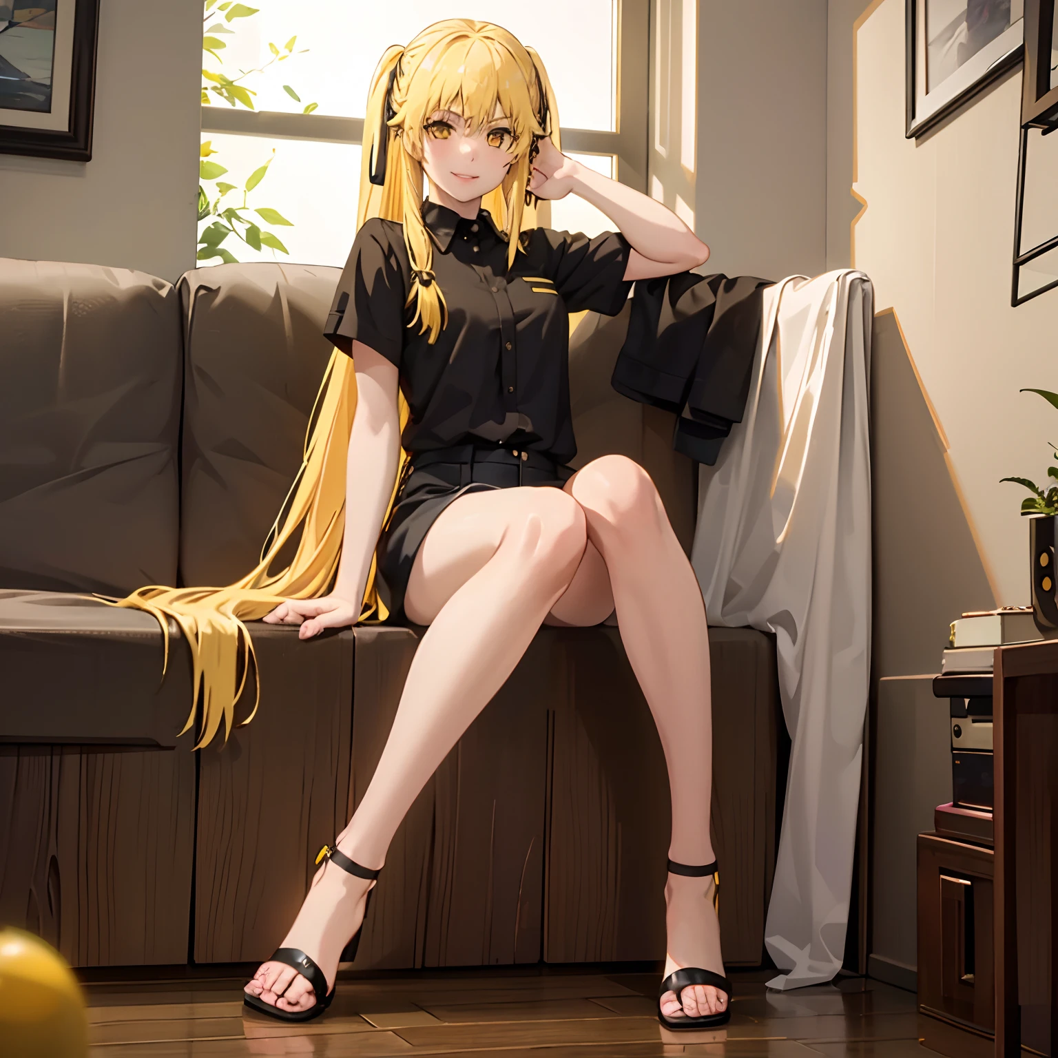 1girl, yellow hair, yellow eyes, wearing plain black short sleeve shirt, wearing sandals, smiling, shorts, high res, ultrasharp, 8K, masterpiece, looking at viewer