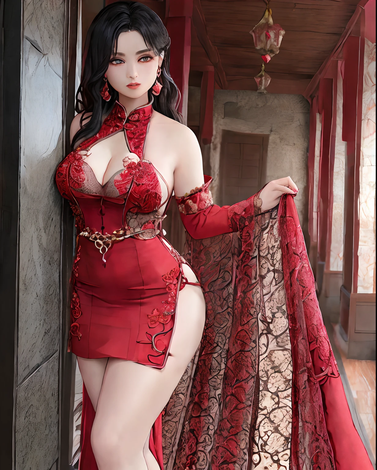 1deidade feminina,sexy mulher madura usando roupa chinesa hunfa estilo wuxia,cabelos longos,cor vermelhos,olhos distintos,voluptuous master of the pill pavilion,seios grandes,roupas femininas negras acentuando seu corpo,mulher de olhar atento,maliciosa e desafiadora,Imposing standing in front of several admirers, mulher desejada, protagonista destemida
