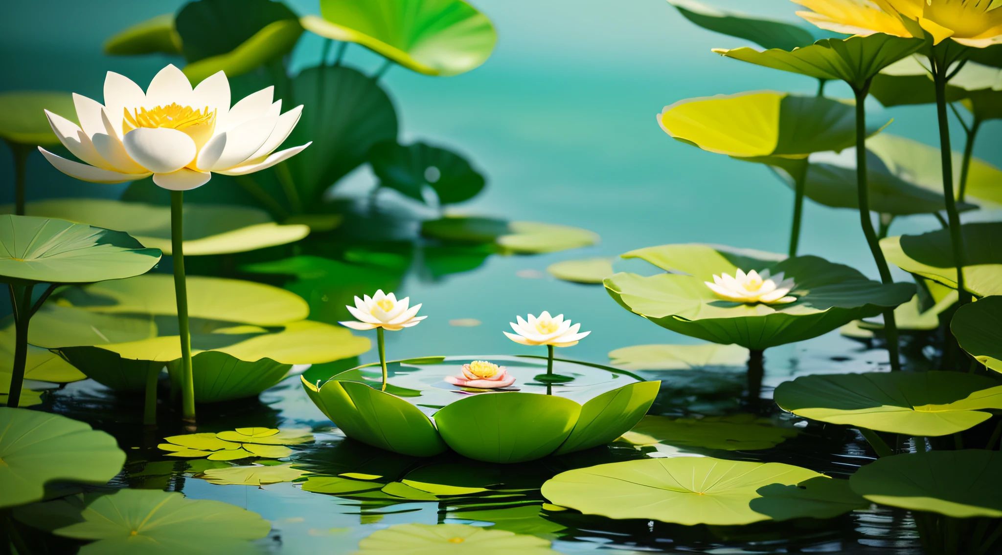 A cute summer pond in the wild,2 lotus,2.5D,isometric,minimalistic blind box,vivid color,white background,(best quality,4k,8k,highres,masterpiece:1.2),ultra-detailed,(realistic,photorealistic,photo-realistic:1.37),painting,beautiful detailed lotus flowers,2 lotus flowers blooming in the pond,transparent water surface,glossy green leaves,soft sunlight reflection,subtle shadows,smooth and clean lines,minimalistic art style,lotus petals with delicate textures,eye-catching vibrant colors,contrast between the lotus flowers and the white background,elegant composition,isometric perspective,giving a sense of depth,2.5D effect,crisp and vivid colors,high-quality printing,varied and exciting blind box designs,vivid color palette,inviting and joyful atmosphere,lively and enchanting summer scene,serene and peaceful pond setting,artistic interpretation of nature,meticulous attention to detail,accurate and realistic rendering of the lotus flowers and leaves,soft and gentle lighting,subtle and harmonious color scheme.