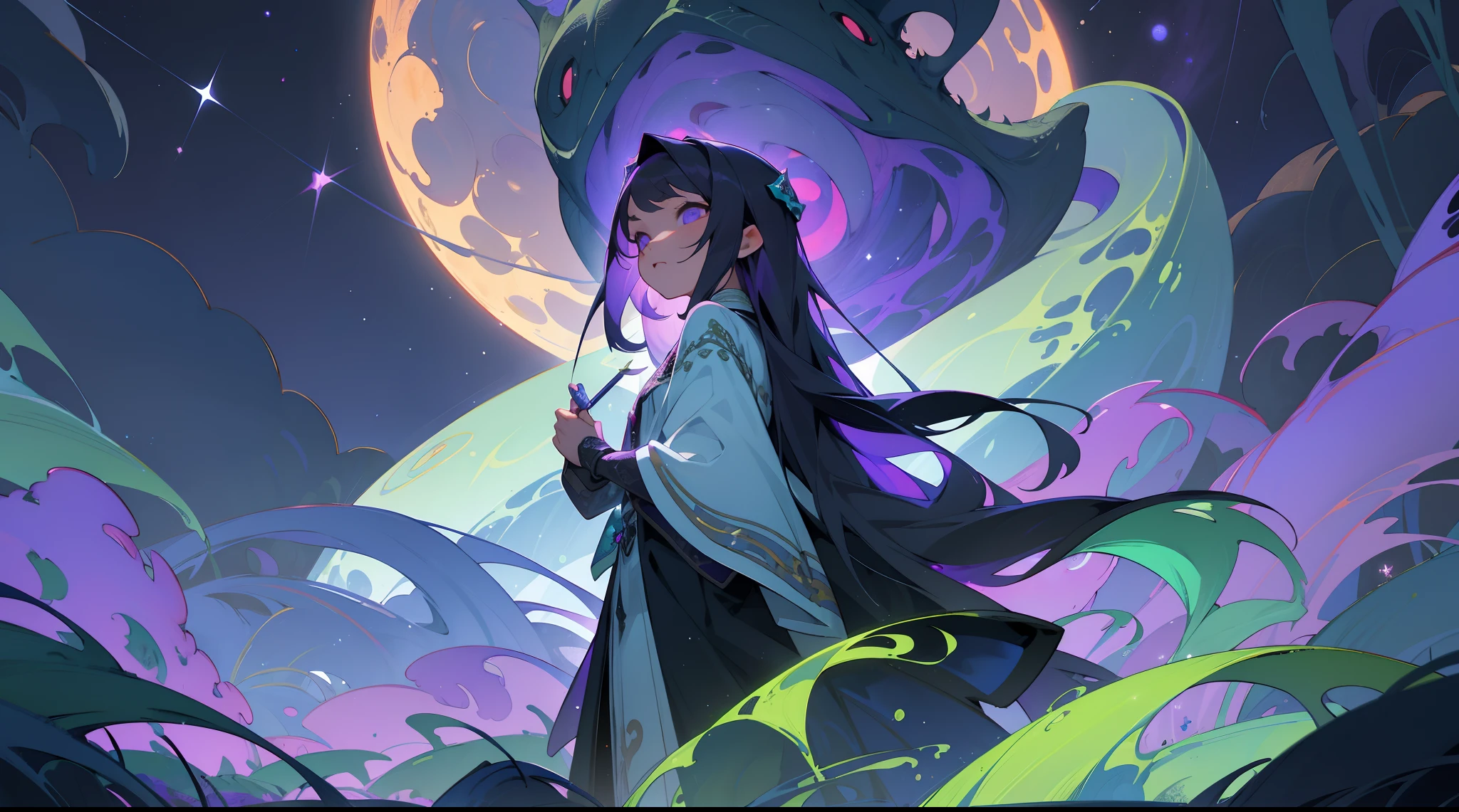 tmasterpiece,Best quality at best,highly details, Ultra-detailed 8K, 超高分辨率,kosmos,starlights,Huge algae,Cthulhu,tentaculata,starrysky,black hole,Bask in starlight,perfect compositions,Purple eye,Black and greenish purple background,Faraway view
