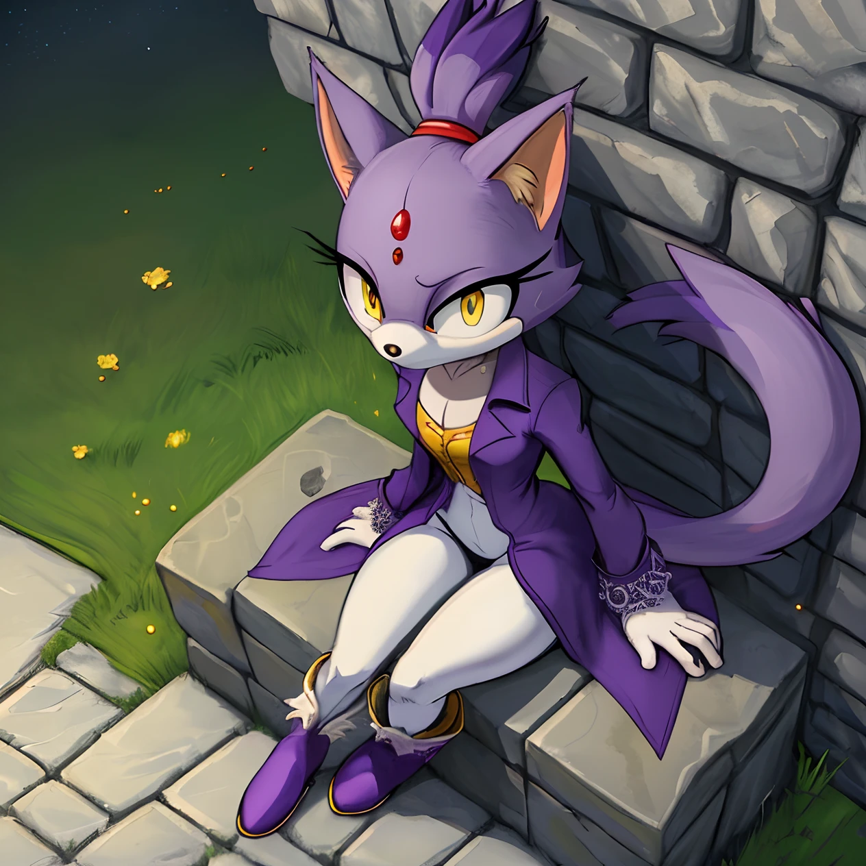 [Blaze the Cat], [Uploaded to e621.net; (Pixelsketcher), (twistedterra), (napalm_express)], ((masterpiece)), ((HD)), ((High quality)), ((solo portrait)), ((bird's-eye view)), ((full body)), ((detailed fur)), ((detailed shading)), ((beautiful render art)), ((intricate details)), {anthro cat, (light purple fur), black nose, cat ears, beautiful yellow eyes, red diamond on forehead, purple highlights, short ponytail, hair tie, long tail, (curvy hips), (beautiful legs), (expressionless)}, {(purple trench coat), (white leggings), (red heel boots)}, {(sitting on stone wall), (hand on thighs), looking at viewer)}, [background; (grass plains), (sunset), (starry sky)]