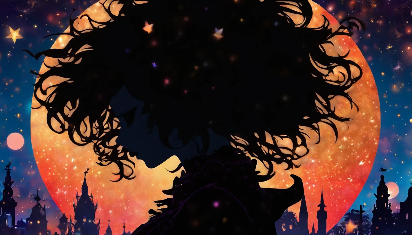 (Silhouette Art,cutouts:1.6)
(((Paper cutting art,A world where only black exists:1.3)
(Cowboy Shot),1 girl,Solo,
(Girl in dress,profile:1.2),white, Clear and beautiful face,Countless meteors、The Moon Behind、
Romper
(Dark Moon)
Textured glass background,Tarot card atmosphere、Atmosphere of the Galaxy Express