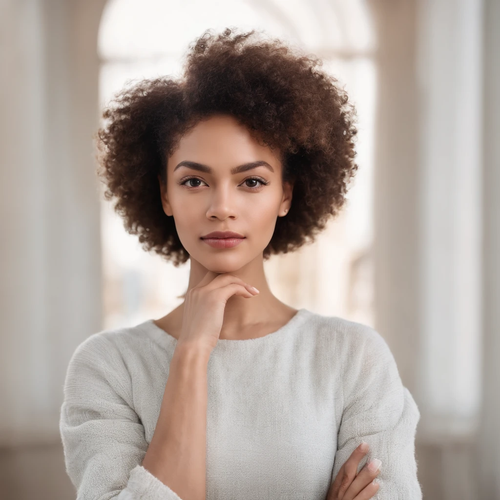 young beautiful light skin woman with an afro hair style, Out-front photo of Influencer looking at the camera with hands crossed and folded in front of her.