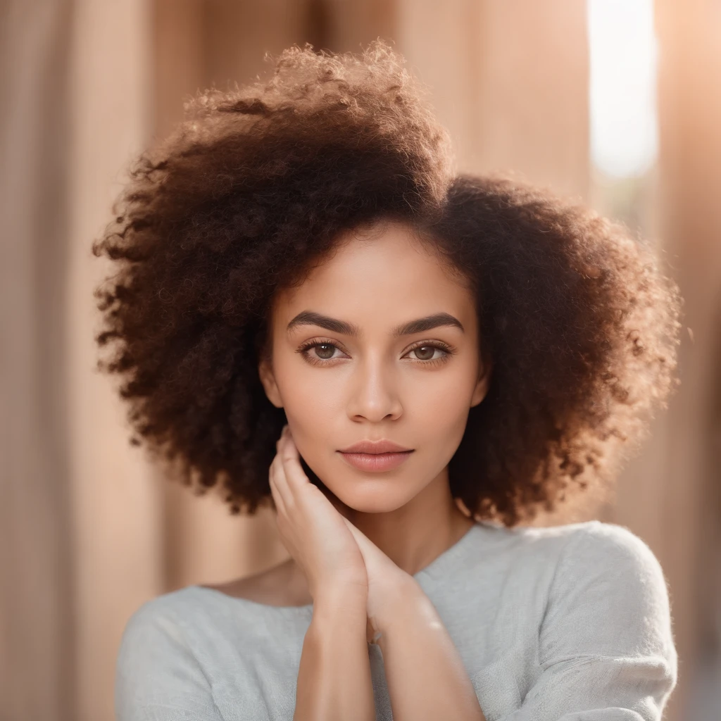 young beautiful light skin woman with an afro hair style, Out-front photo of Influencer looking at the camera with hands crossed and folded in front of her.