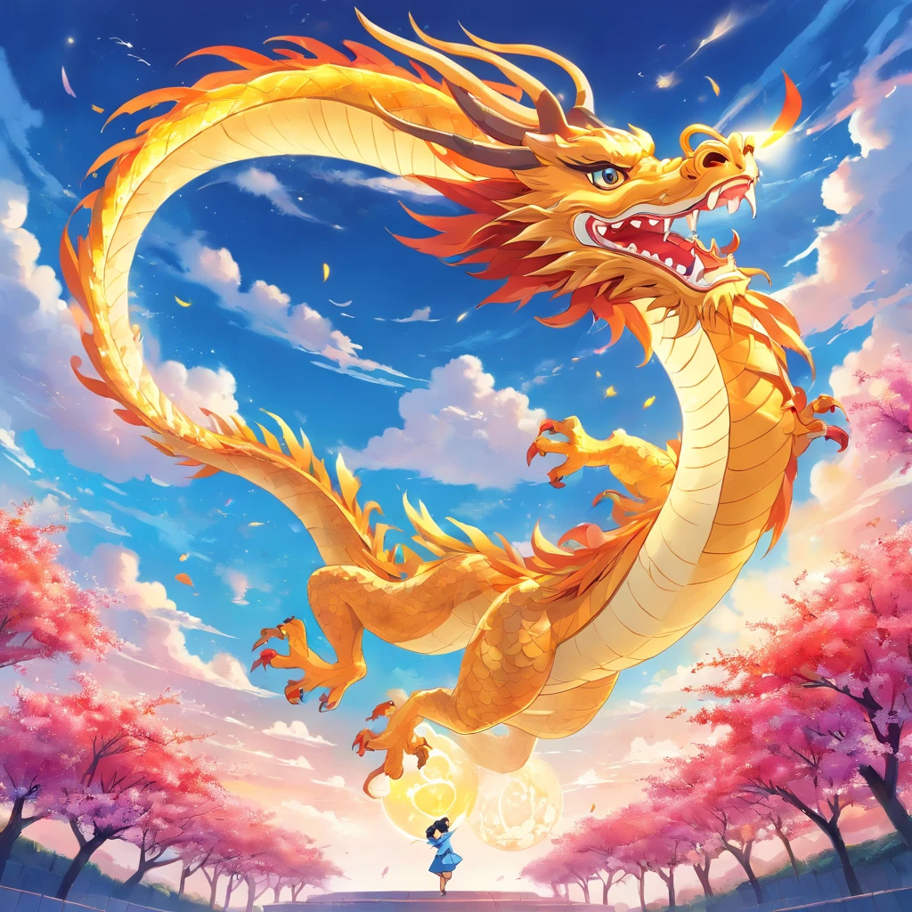 Cute golden Chinese dragon in the sky, Cloud, Sun, Wind, Lunar New Year, spring flowers, Red lantern, colorfull background, Highest quality, Full-HD, Happy Dragon, 2023, 。.。.。.3D, (paper art, Quilted paper art, Geometry), Extremely colorful, Anime beauty, Extremely colorful, Colorful illustrations, aquarelle((Masterpiece))), illustration