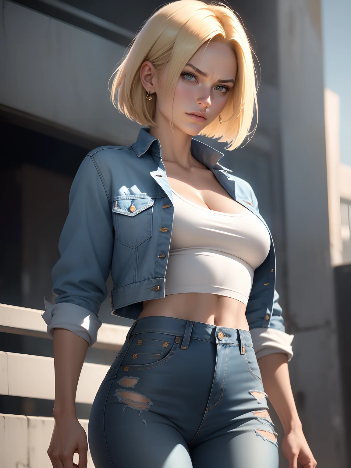 a close-up of a woman in a short skirt and a denim jacket, Android 18, realistic 3d anime style, realistic shaded perfect body, deviantart artstation cgscosiety, fofosexyrobutts, detailed anime digital art, hyper realistic anime, perfectly shaded body, anime highly detailed, photorealistic rendering of anime girl, highly detailed exquisite fanart