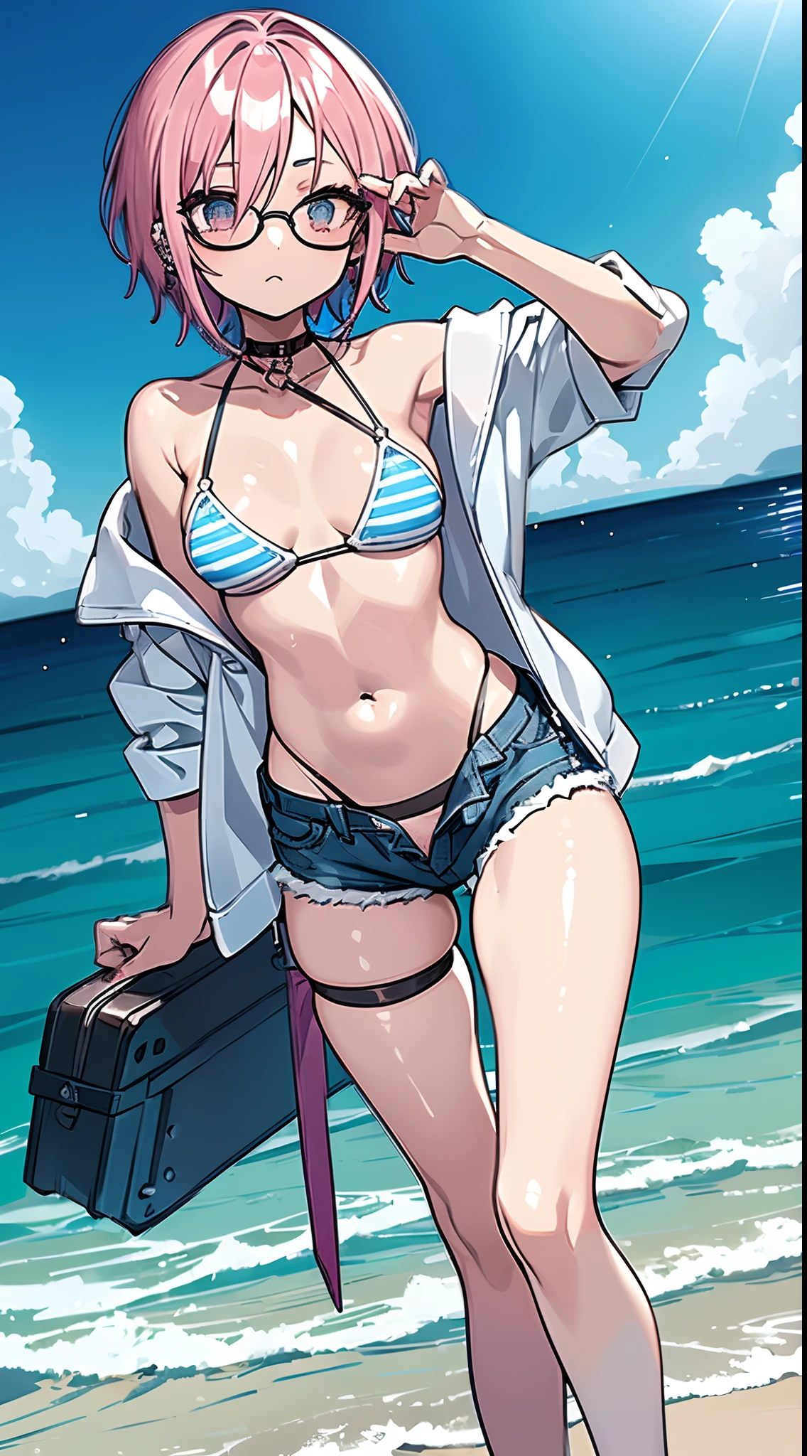 1 girl in,A pink-haired,Hair light blue stripes,Light blue eyes,Sunglasses worn on the head,Seductive look,piercings,Double knot,Black Bikini,tiny chest,((shortpants)),((Short pants)),((Pantyhose Strap)),((lowrise)),Front hook,White jacket,high-heels,Beach,Wet