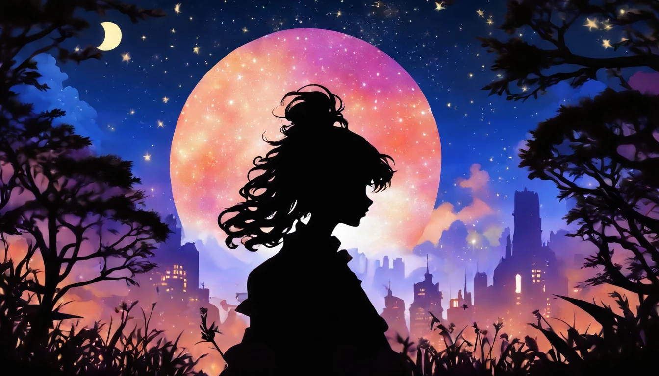 (Silhouette Art,cutouts:1.6)
(((Paper cutting art,A world where only black exists:1.3)
(Cowboy Shot),1 girl,Solo,
(Girl in dress,profile:1.2),white, Clear and beautiful face,Countless meteors、The Moon Behind、
Romper
(Dark Moon)
Textured glass background,Tarot card atmosphere、Atmosphere of the Galaxy Express
