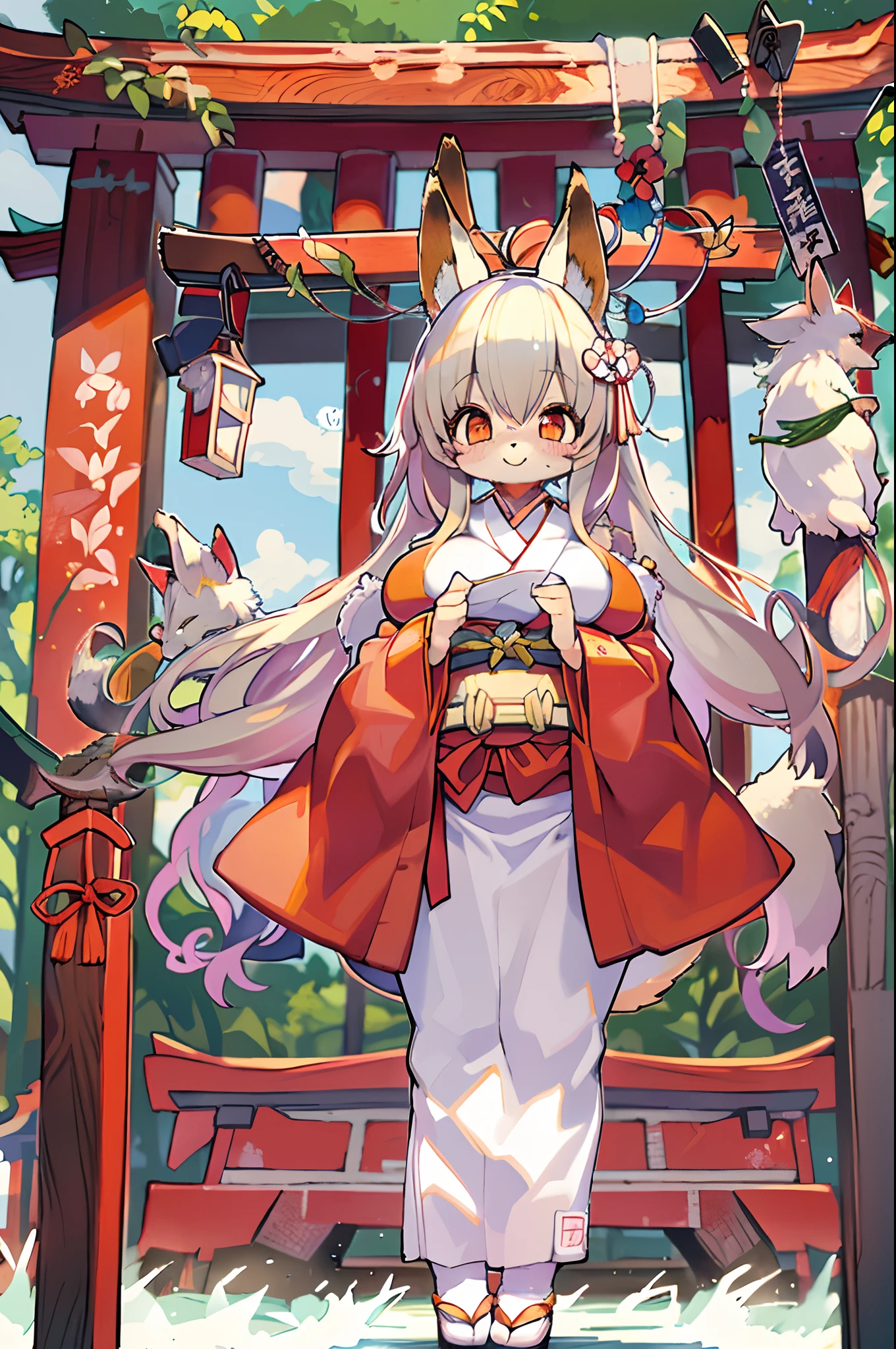 Fox Woman、body covered with fur、huge-breasted、kawaii、shrine maiden、Japan white clothes,Red Hakama、torii gate,summer day、From below、Wide Shot、A big smile、bbw、thick thight、big butts、Ultramammy,Chibi,Nanachi