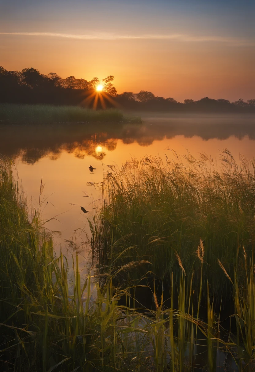 Peaceful scenery at dawn, Reeds The soft golden hue depicts the horizon where birds sing, Image in 2560 x 1440 pixel format