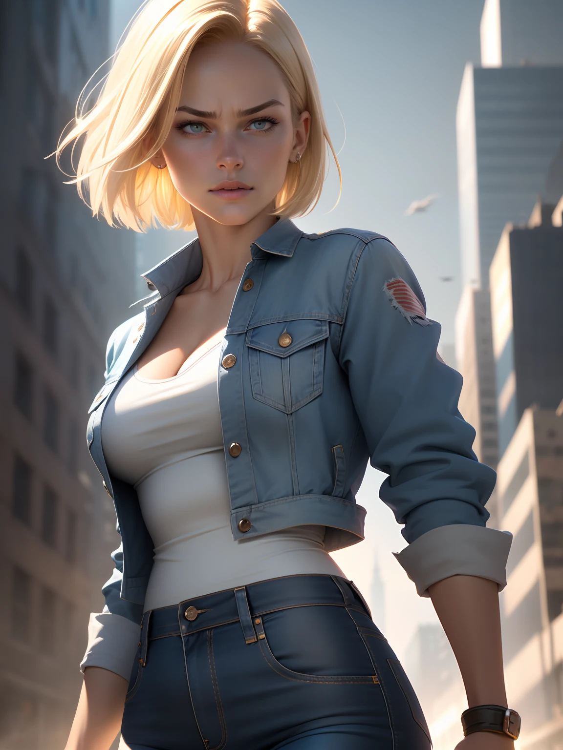 (1girl:1.4), (sfw), (clothed), (masterpiece), illustration,(realistic:1.5), (specular lighting:1.4), (hyperrealistic:1.2), (photorealistic face:1.2), (perfect face), (best quality), (8k), (4k), photorealistic, sharp focus, octane render, best quality, extremely detailed, intricate, hyper detailed, fantasy, soft lighting,(medium breasts:1.4), (skindentation:1.3), android 18 from Dragon Ball, looking down at viewer, after a fight, torn clothes, Android 18, tight blue jeans, perfect body, denim jacket, shirt with horizontal stripes, perfect hands, suspicious face, excited to fight, short blonde bob haircut, destroyed city in the background, one fist up