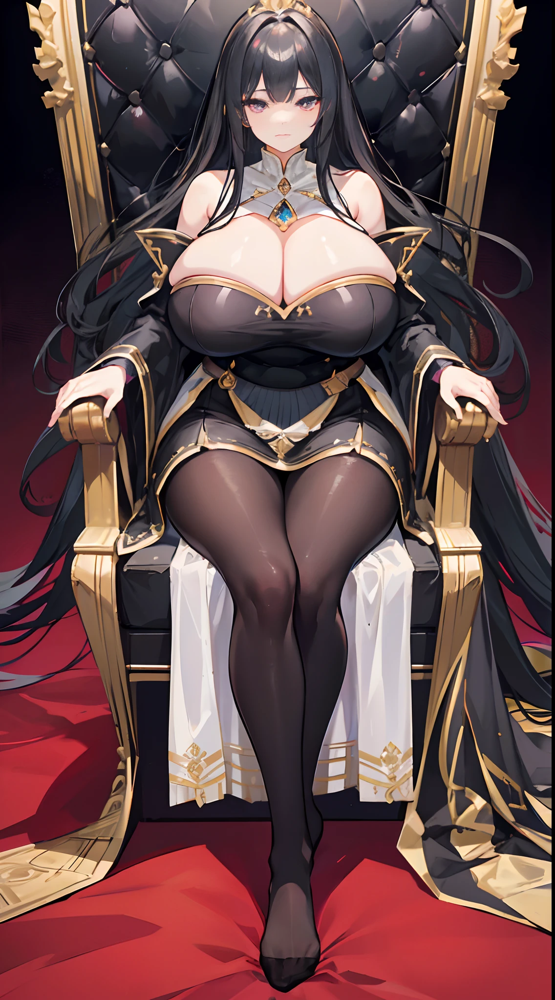 Solo,stand posture,female emperor,(gigantic breasts:1.5),indifferent expression,Long black hair,Black colored eyes,Black pantyhose,Oily pantyhose,No shoes,Black royal robes,sitting on an royal throne,Below the eyelids,Bottom-up view,royal palace interior,Feet on the white carpet