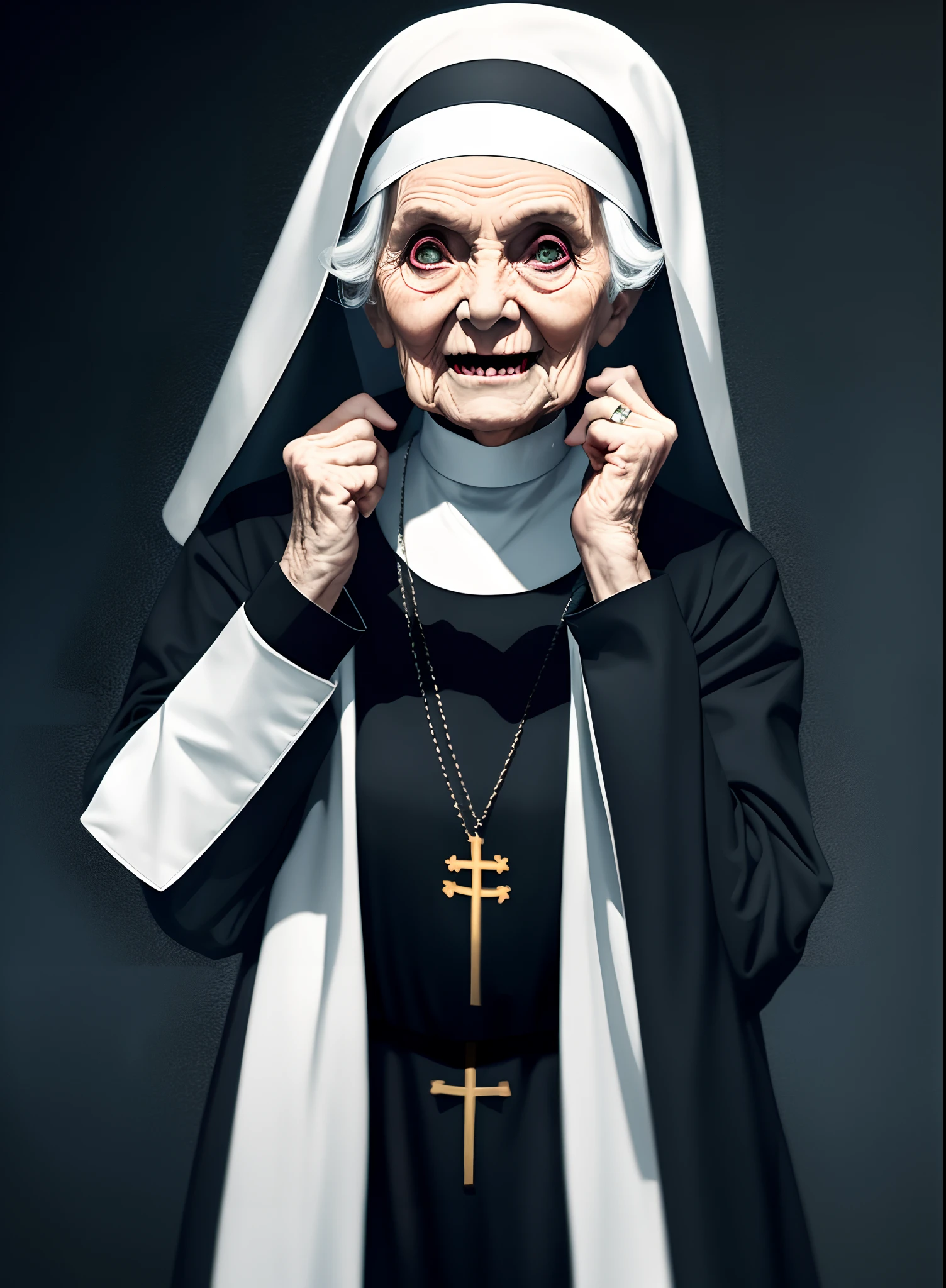 90 year old woman wearing a nun's outfit with a scary appearance, all black room background --auto --s2