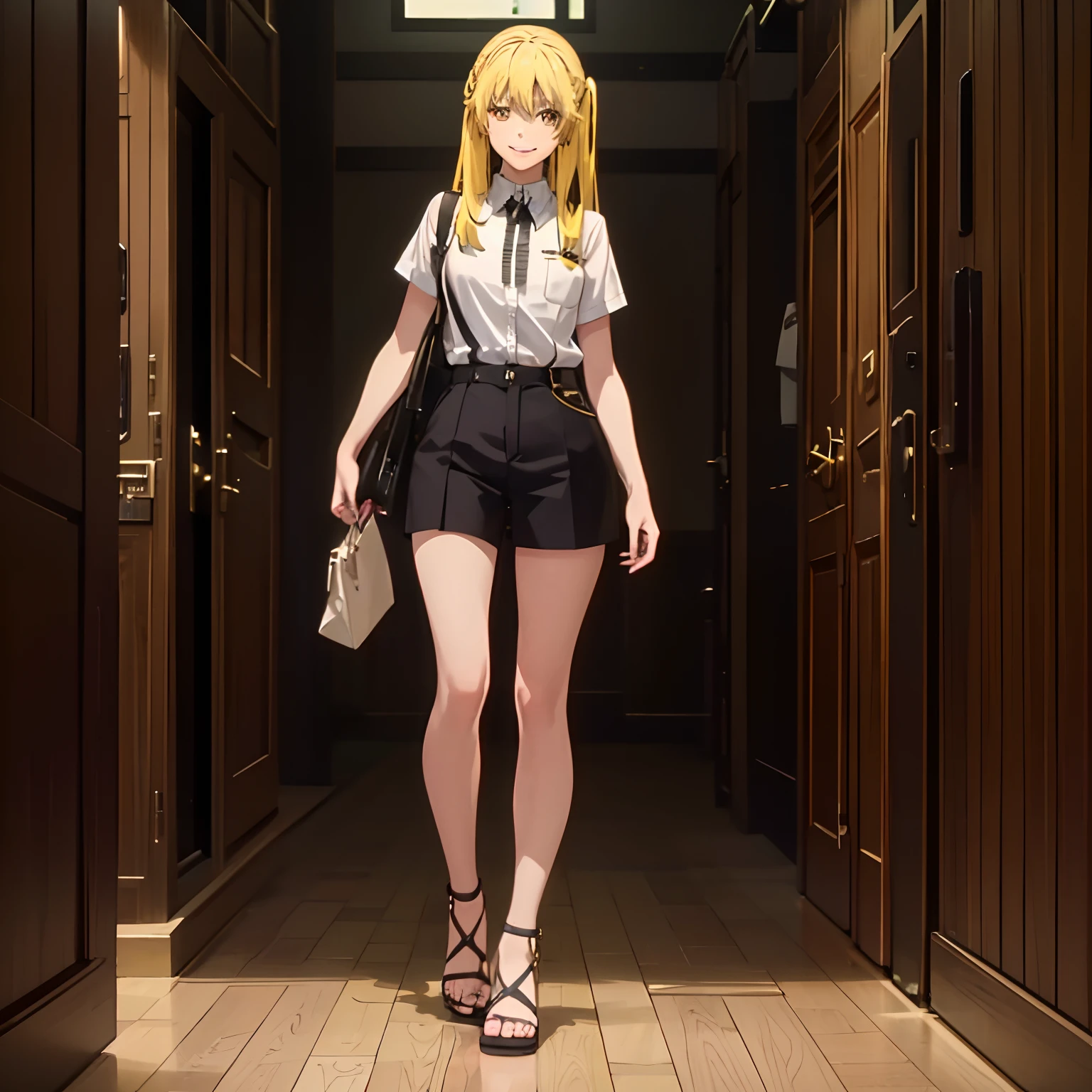 1girl, yellow hair, yellow eyes, wearing plain black short sleeve shirt, wearing sandals, smiling, shorts, high res, ultrasharp, 8K, masterpiece, looking at viewer